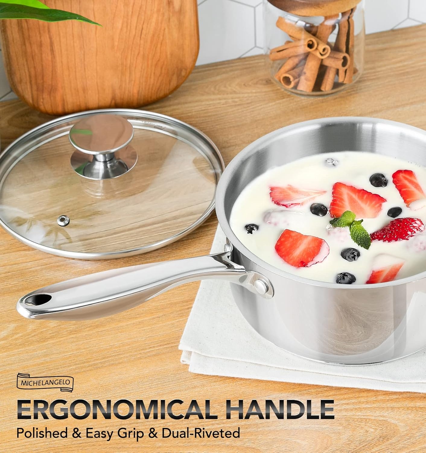 image:imageMICHELANGELO Stainless Steel Saucepan Set 1QT amp 3QT Saucepans with Lids Nonstick Sauce Pan with Lid Stainless Steel Pot Set 4 Pieces Dishwasher Safe Induction CompatibleTriPly Bottom