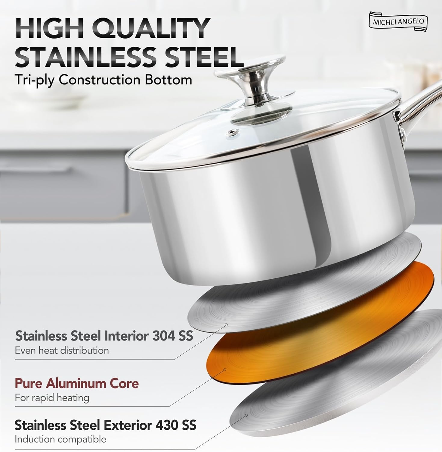 image:imageMICHELANGELO Stainless Steel Saucepan Set 1QT amp 3QT Saucepans with Lids Nonstick Sauce Pan with Lid Stainless Steel Pot Set 4 Pieces Dishwasher Safe Induction CompatibleTriPly Bottom
