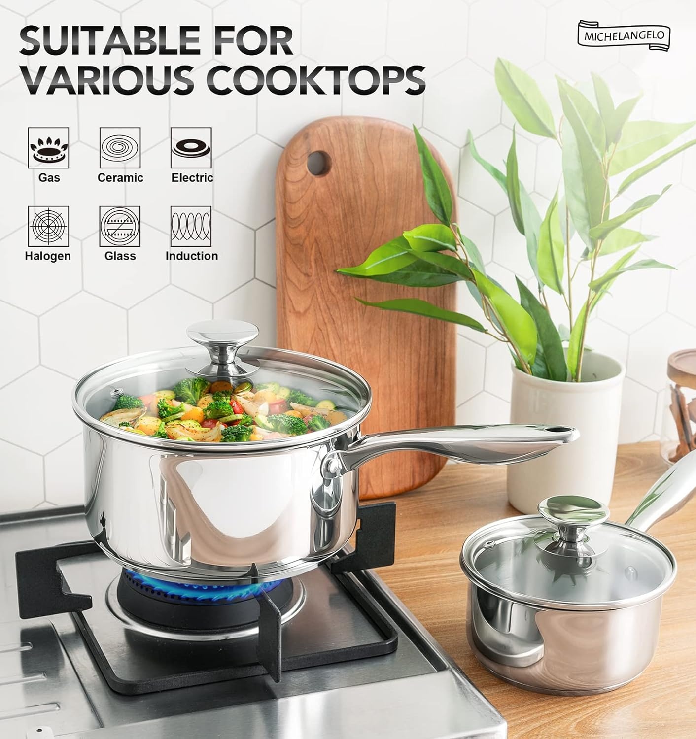 image:imageMICHELANGELO Stainless Steel Saucepan Set 1QT amp 3QT Saucepans with Lids Nonstick Sauce Pan with Lid Stainless Steel Pot Set 4 Pieces Dishwasher Safe Induction CompatibleTriPly Bottom