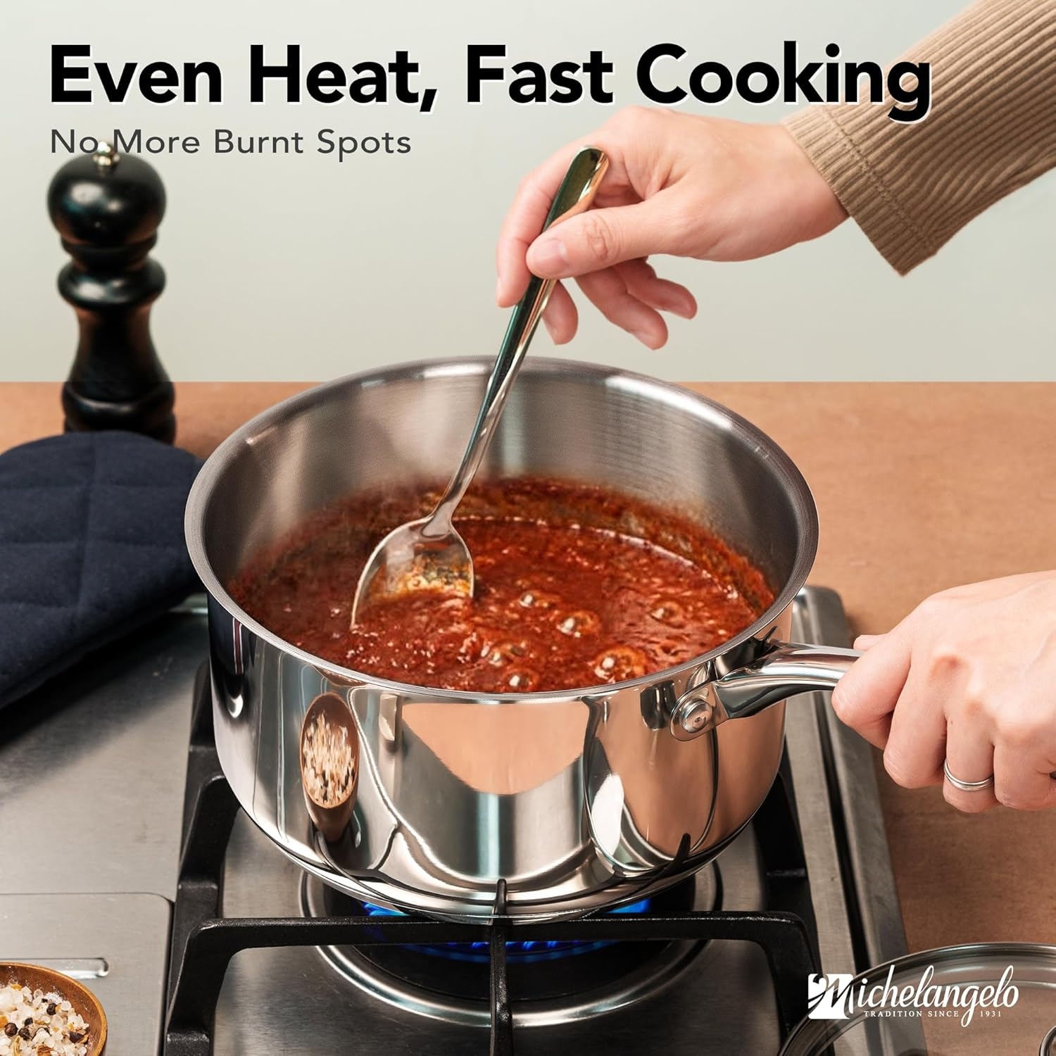 image:imageMICHELANGELO Stainless Steel Saucepan Set 1QT amp 3QT Saucepans with Lids Nonstick Sauce Pan with Lid Stainless Steel Pot Set 4 Pieces Dishwasher Safe Induction CompatibleTriPly Bottom