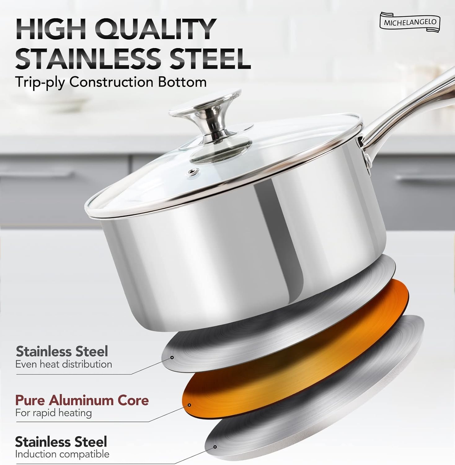 image:imageMICHELANGELO Stainless Steel Saucepan Set 1QT amp 3QT Saucepans with Lids Nonstick Sauce Pan with Lid Stainless Steel Pot Set 4 Pieces Dishwasher Safe Induction CompatibleTriPly Bottom