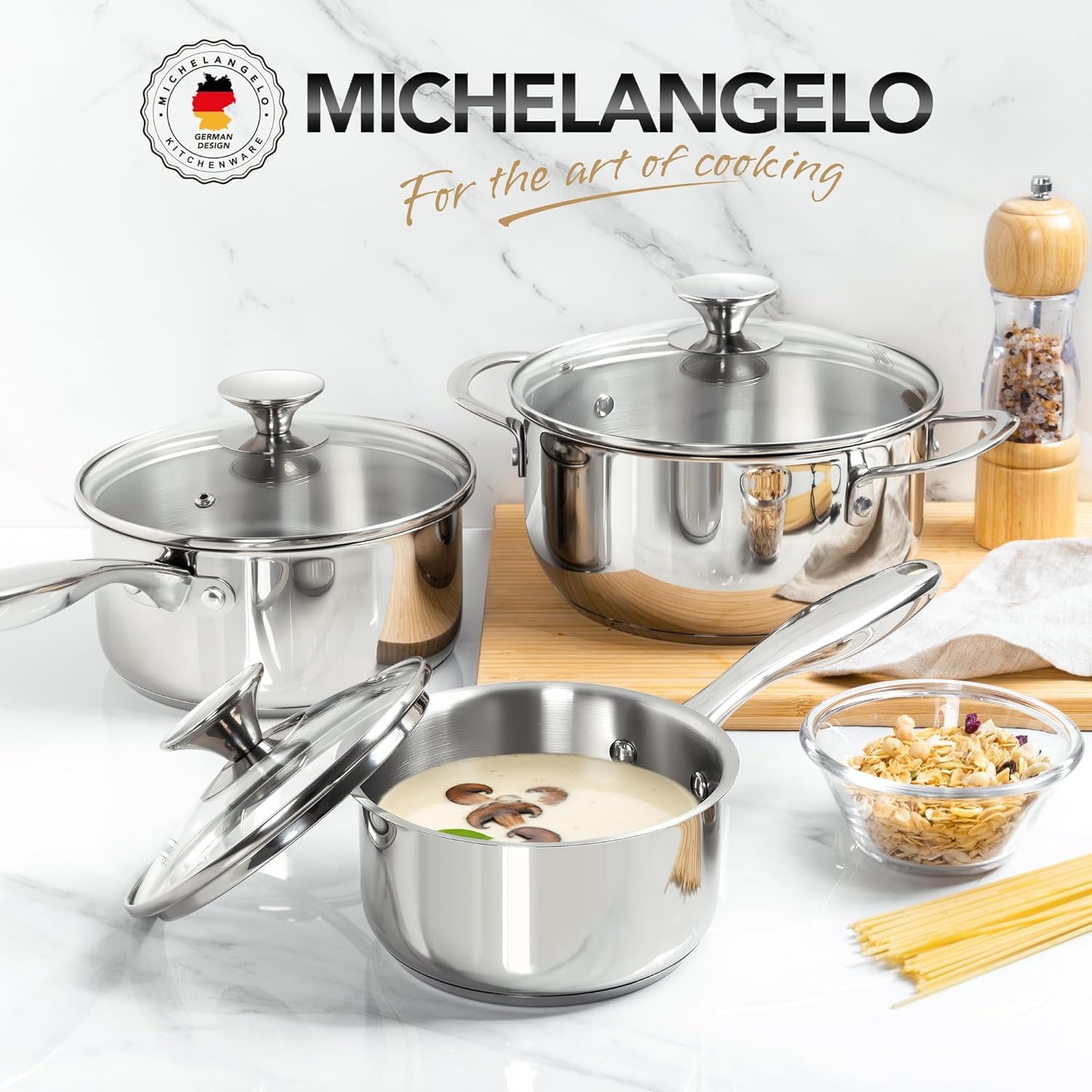 image:imageMICHELANGELO Stainless Steel Saucepan Set 1QT amp 3QT Saucepans with Lids Nonstick Sauce Pan with Lid Stainless Steel Pot Set 4 Pieces Dishwasher Safe Induction CompatibleTriPly Bottom