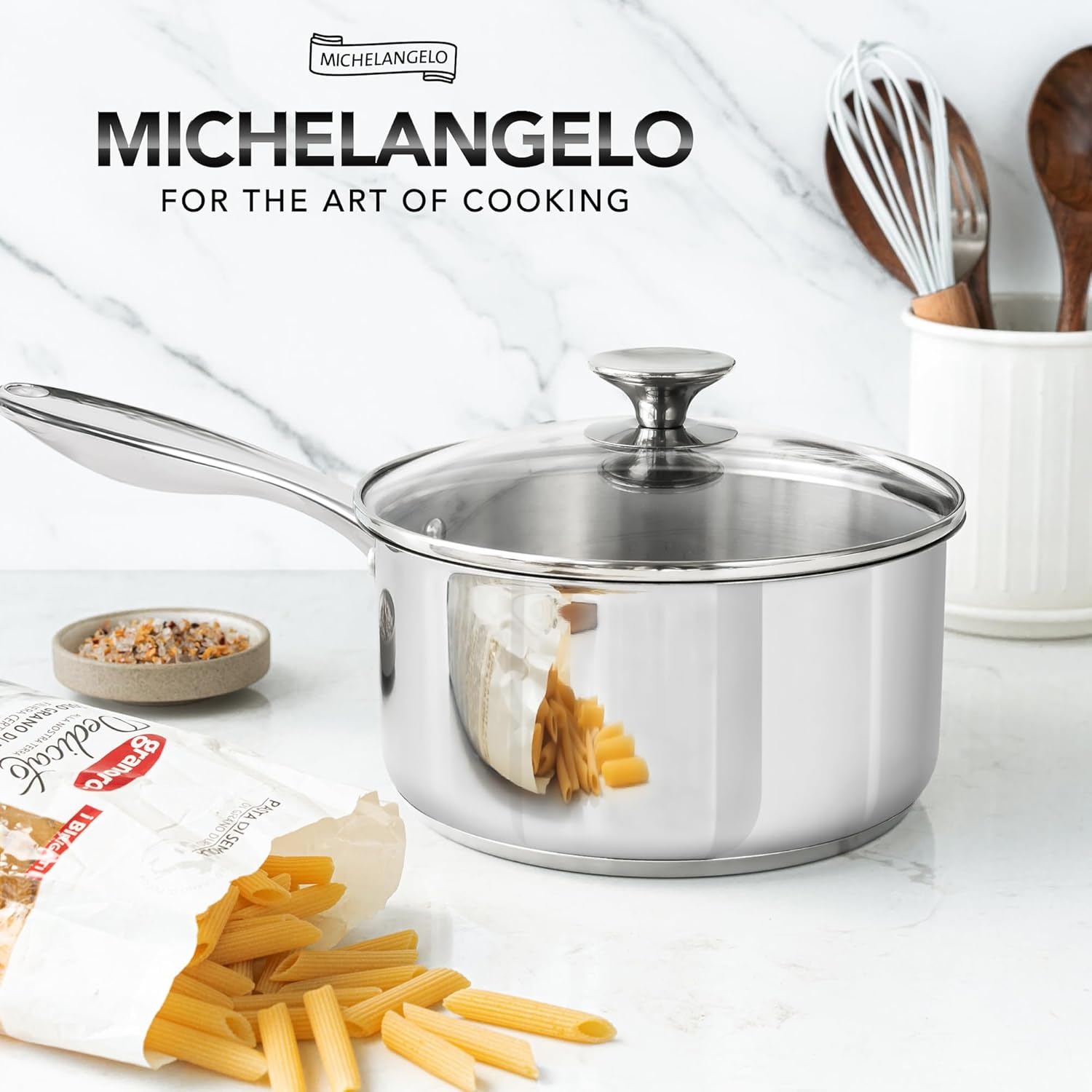 image:imageMICHELANGELO Stainless Steel Saucepan Set 1QT amp 3QT Saucepans with Lids Nonstick Sauce Pan with Lid Stainless Steel Pot Set 4 Pieces Dishwasher Safe Induction CompatibleTriPly Bottom