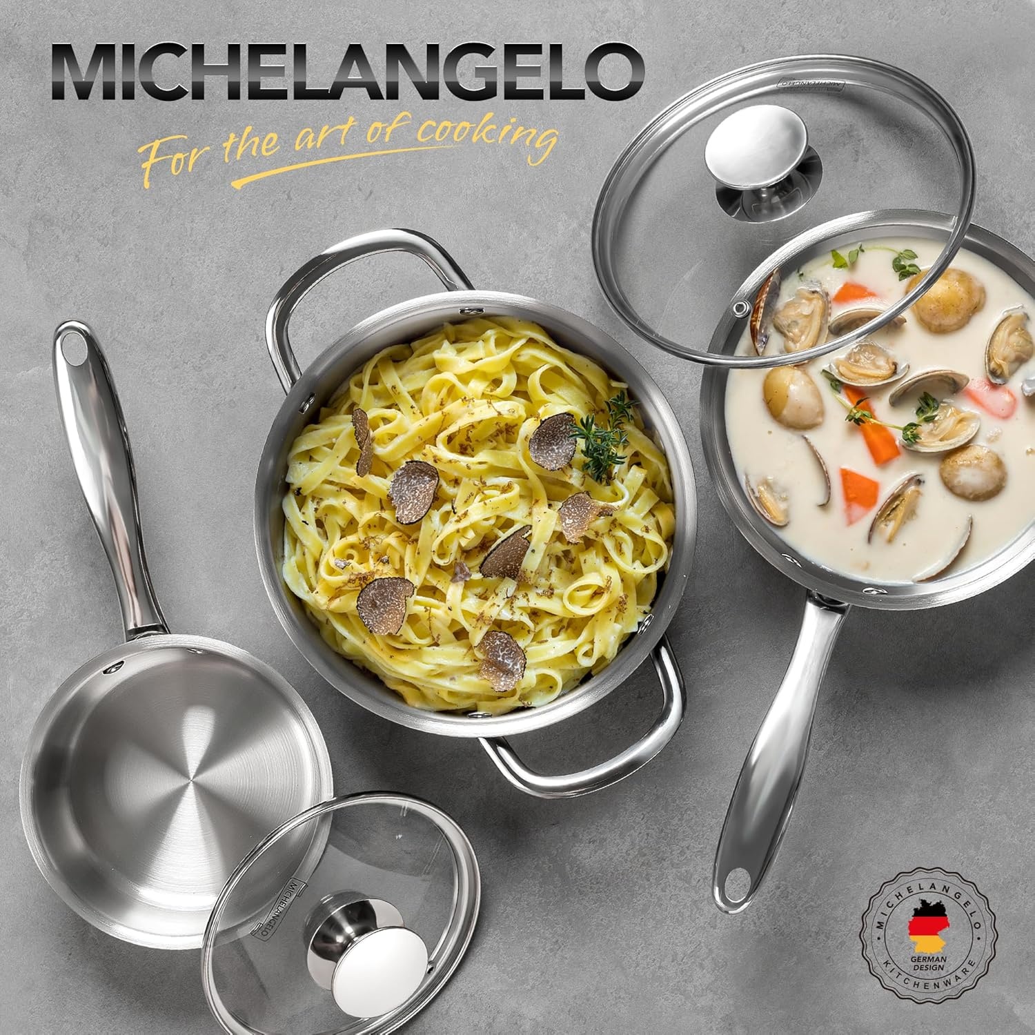 image:imageMICHELANGELO Stainless Steel Saucepan Set 1QT amp 3QT Saucepans with Lids Nonstick Sauce Pan with Lid Stainless Steel Pot Set 4 Pieces Dishwasher Safe Induction CompatibleTriPly Bottom