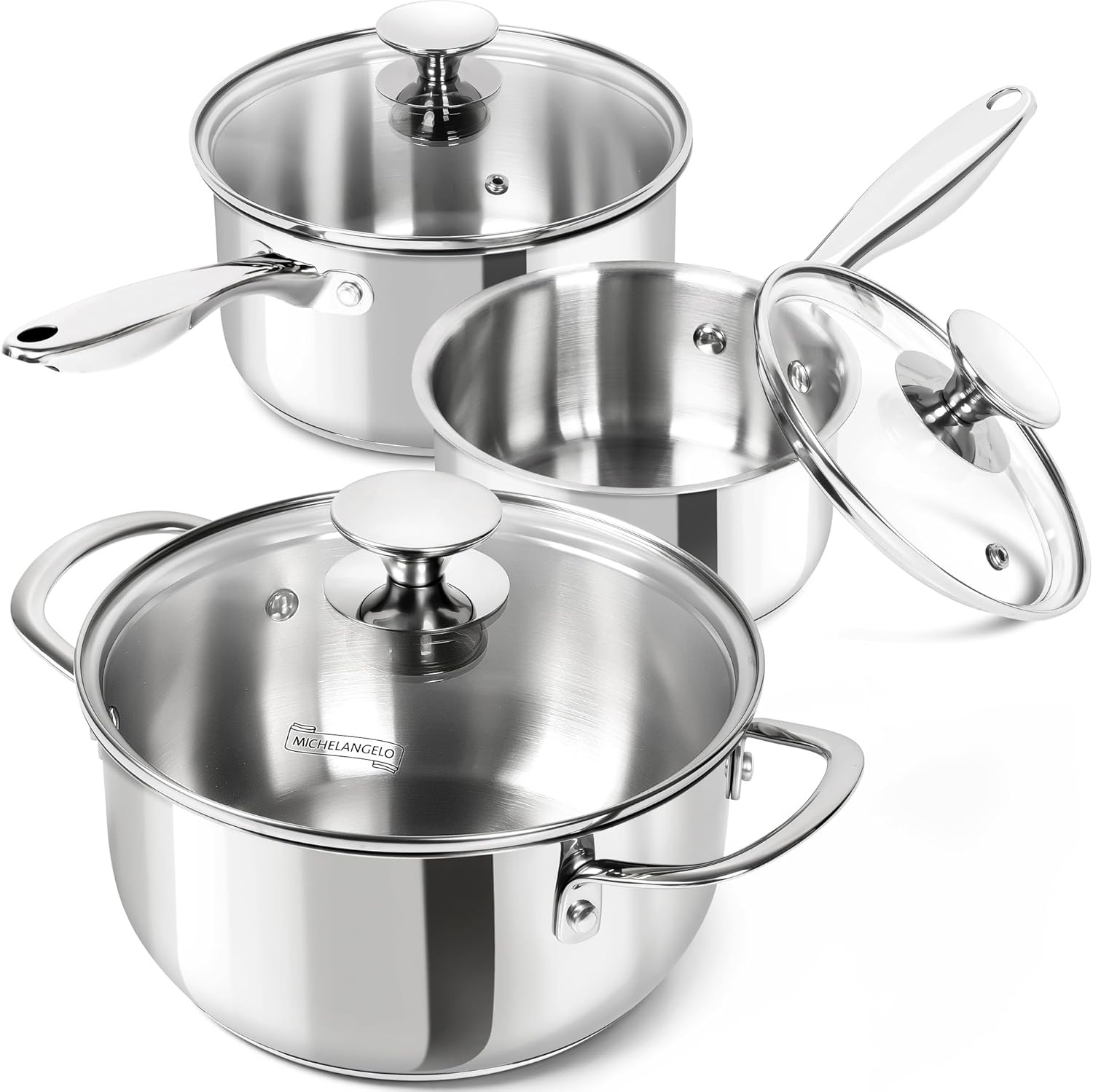 image:imageMICHELANGELO Stainless Steel Saucepan Set 1QT amp 3QT Saucepans with Lids Nonstick Sauce Pan with Lid Stainless Steel Pot Set 4 Pieces Dishwasher Safe Induction CompatibleTriPly Bottom