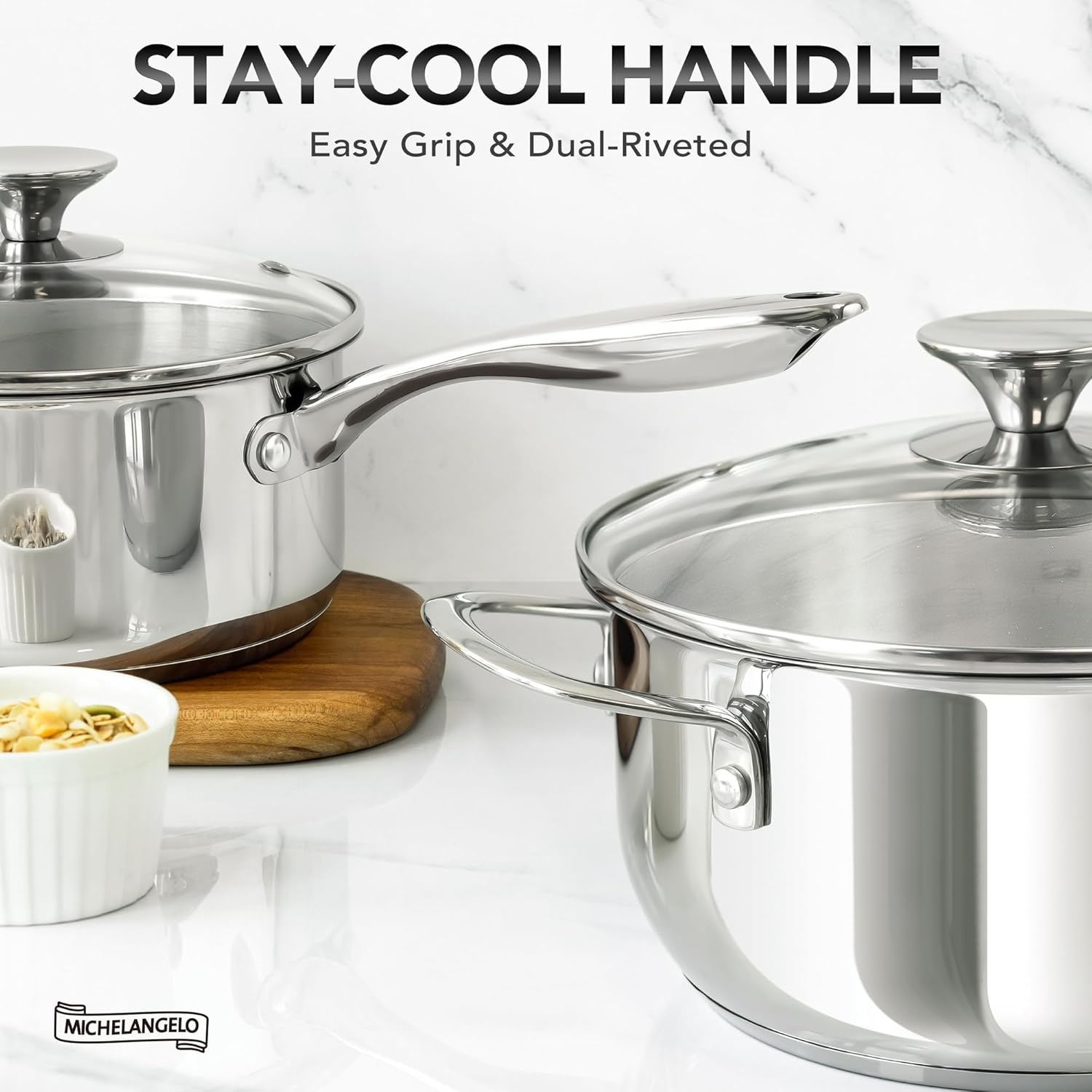 image:imageMICHELANGELO Stainless Steel Saucepan Set 1QT amp 3QT Saucepans with Lids Nonstick Sauce Pan with Lid Stainless Steel Pot Set 4 Pieces Dishwasher Safe Induction CompatibleTriPly Bottom