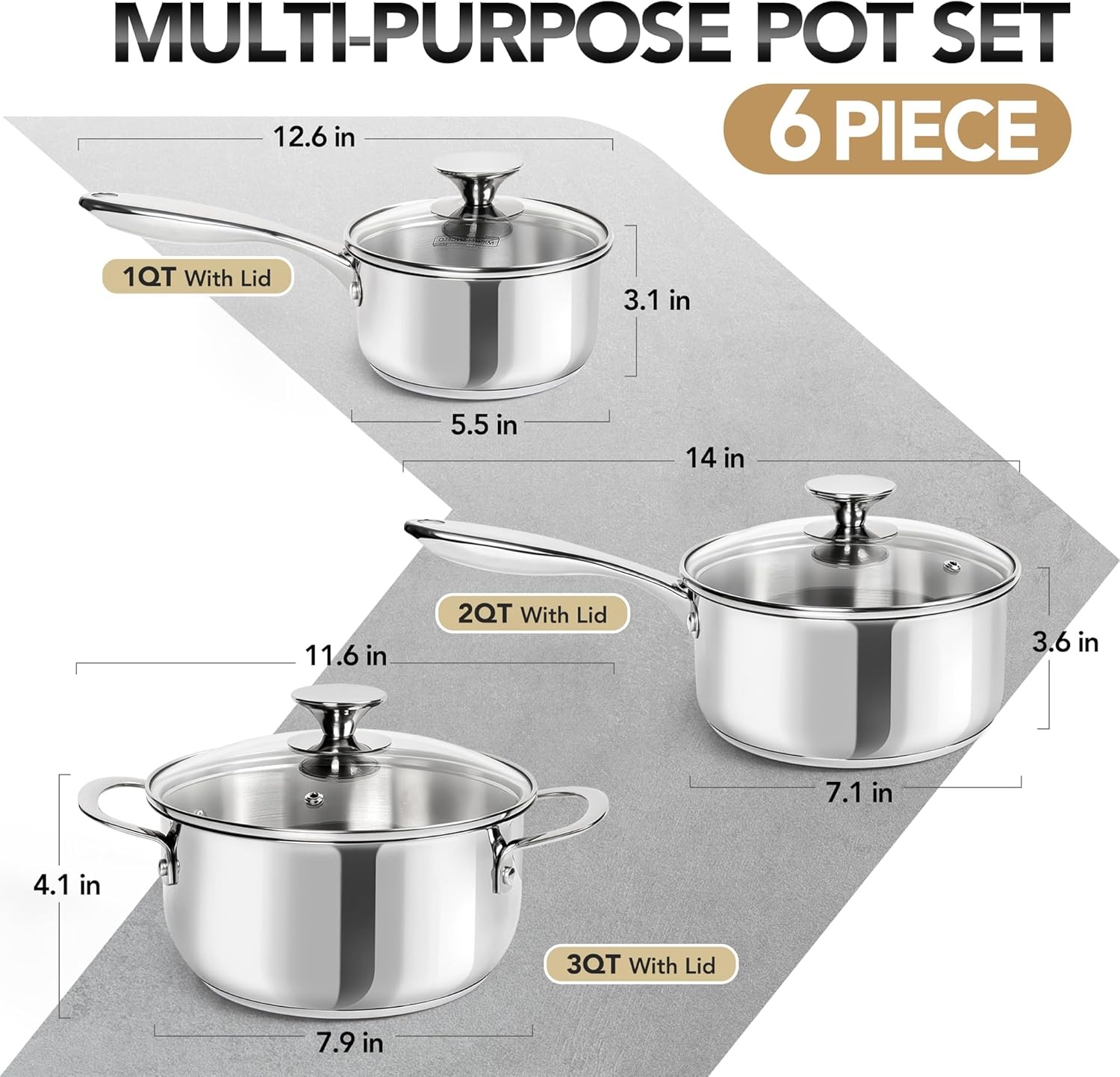 image:imageMICHELANGELO Stainless Steel Saucepan Set 1QT amp 3QT Saucepans with Lids Nonstick Sauce Pan with Lid Stainless Steel Pot Set 4 Pieces Dishwasher Safe Induction CompatibleTriPly Bottom