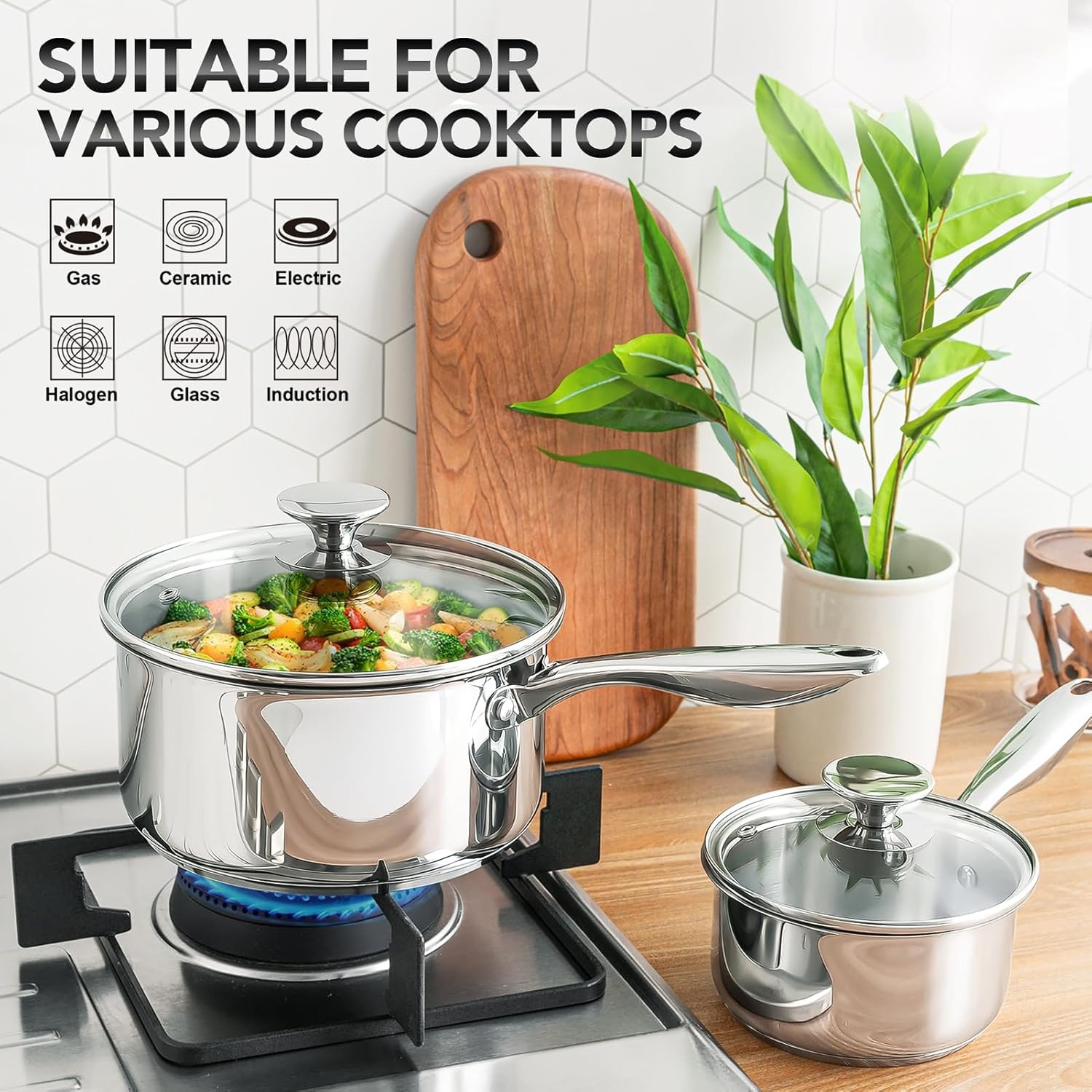 image:imageMICHELANGELO Stainless Steel Saucepan Set 1QT amp 3QT Saucepans with Lids Nonstick Sauce Pan with Lid Stainless Steel Pot Set 4 Pieces Dishwasher Safe Induction CompatibleTriPly Bottom