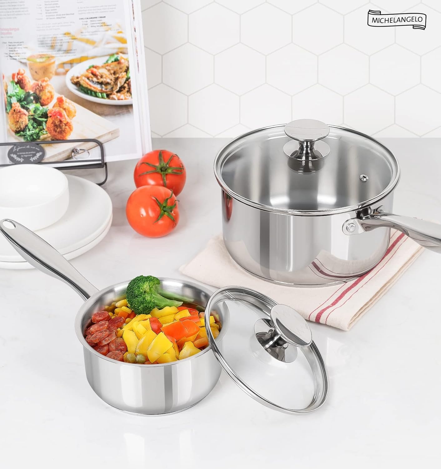 image:imageMICHELANGELO Stainless Steel Saucepan Set 1QT amp 3QT Saucepans with Lids Nonstick Sauce Pan with Lid Stainless Steel Pot Set 4 Pieces Dishwasher Safe Induction CompatibleTriPly Bottom