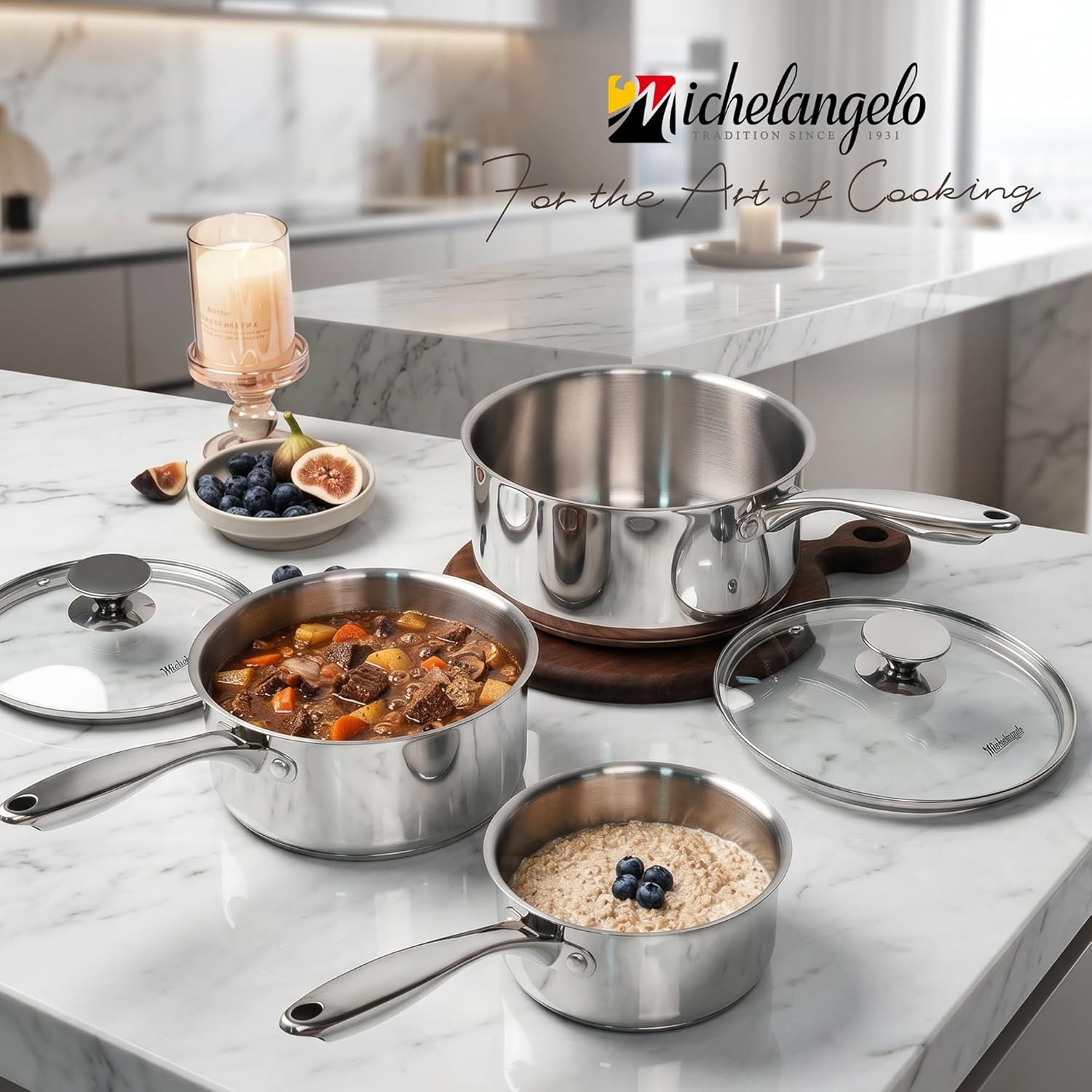 image:imageMICHELANGELO Stainless Steel Saucepan Set 1QT amp 3QT Saucepans with Lids Nonstick Sauce Pan with Lid Stainless Steel Pot Set 4 Pieces Dishwasher Safe Induction CompatibleTriPly Bottom