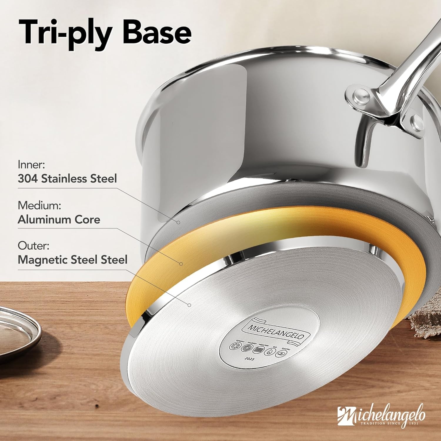 image:imageMICHELANGELO Stainless Steel Saucepan Set 1QT amp 3QT Saucepans with Lids Nonstick Sauce Pan with Lid Stainless Steel Pot Set 4 Pieces Dishwasher Safe Induction CompatibleTriPly Bottom
