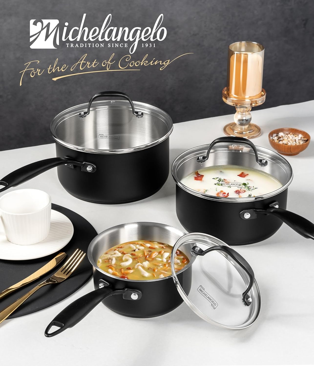 image:imageMICHELANGELO TriPly Stainless Steel Saucepan with Lid 6 Pcs Stainless Steel Sauce Pans with Cool Handle 6 Pcs Multipurpose Sauce Pots Set for Kitchen Cooking Induction Compatible 1QT amp 2QT amp3QTBlack Body