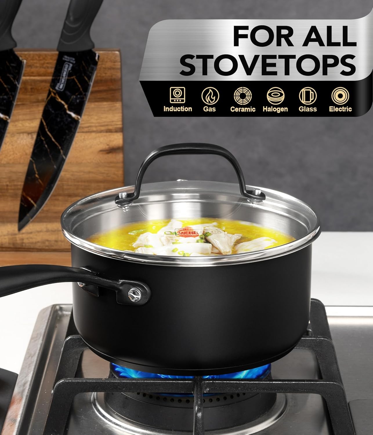 image:imageMICHELANGELO TriPly Stainless Steel Saucepan with Lid 6 Pcs Stainless Steel Sauce Pans with Cool Handle 6 Pcs Multipurpose Sauce Pots Set for Kitchen Cooking Induction Compatible 1QT amp 2QT amp3QTBlack Body
