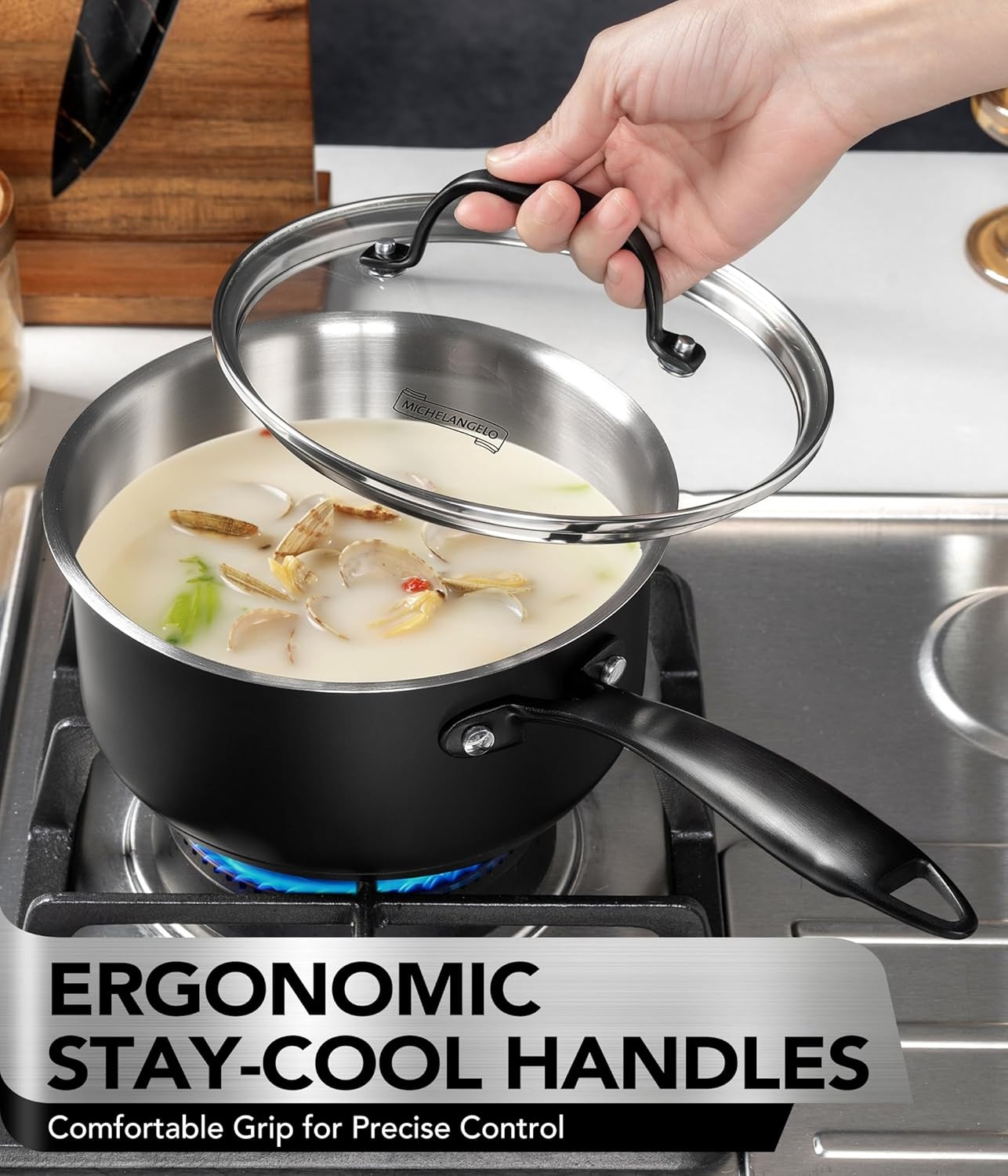 image:imageMICHELANGELO TriPly Stainless Steel Saucepan with Lid 6 Pcs Stainless Steel Sauce Pans with Cool Handle 6 Pcs Multipurpose Sauce Pots Set for Kitchen Cooking Induction Compatible 1QT amp 2QT amp3QTBlack Body
