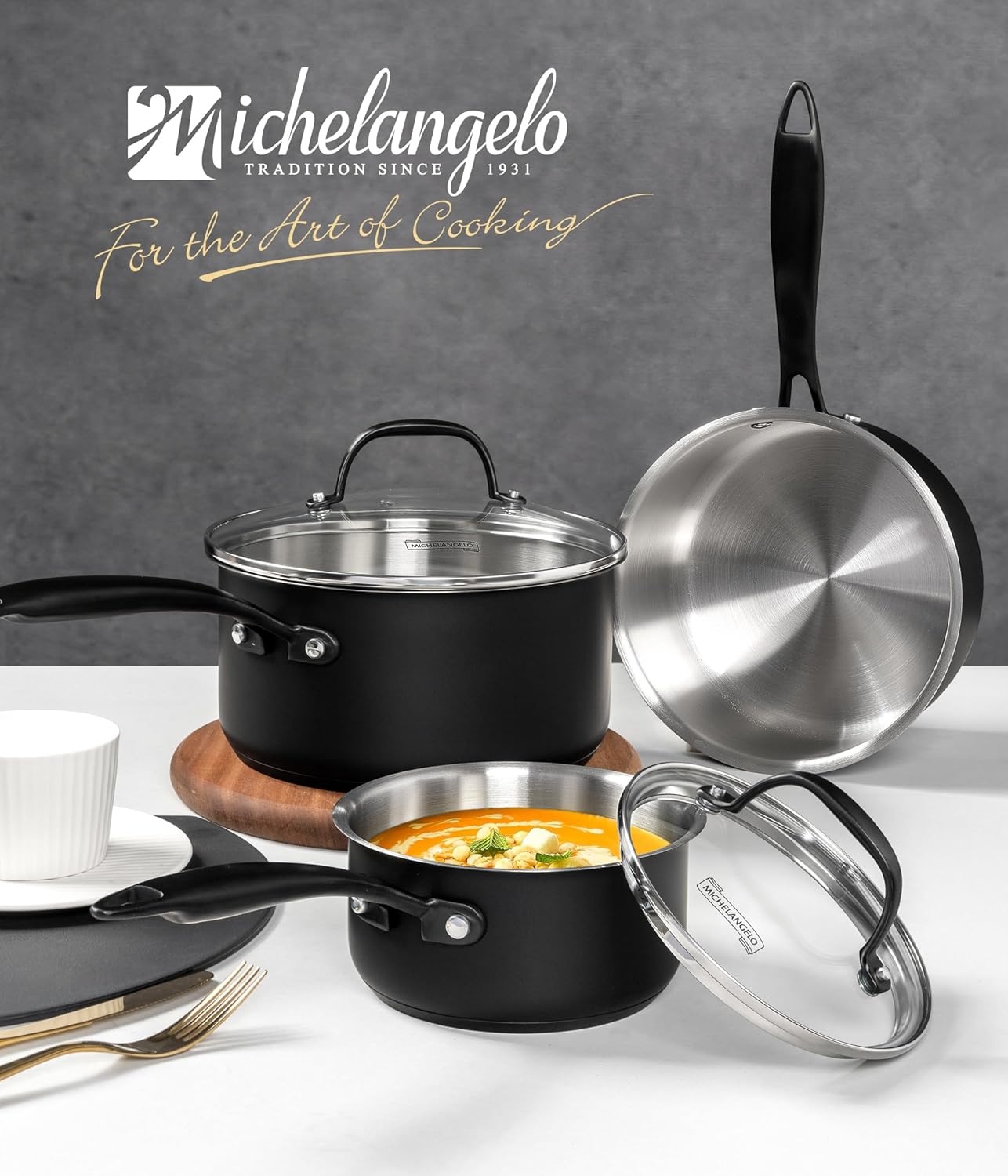 image:imageMICHELANGELO TriPly Stainless Steel Saucepan with Lid 6 Pcs Stainless Steel Sauce Pans with Cool Handle 6 Pcs Multipurpose Sauce Pots Set for Kitchen Cooking Induction Compatible 1QT amp 2QT amp3QTBlack Body
