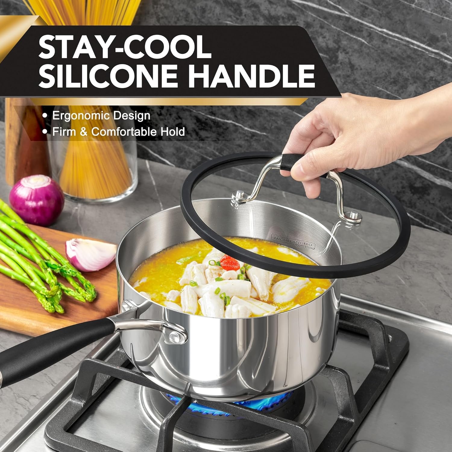 image:imageMICHELANGELO Triply Stainless Steel Saucepan Set with Strainer Lid Heavyduty Sauce Pan with Lid Multipurpose Sauce Pot Induction Compatible 1QT amp 2QT amp 3QT