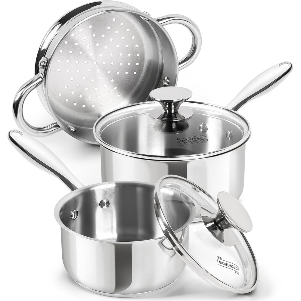image:imageMICHELANGELO Saucepans with Lids amp Steamer 7Pcs Stainless Steel Pot Set with Triply Bottom 3 Quart Saucepan with Steamer 1810 Saucepan Set Induction Compatible 1QT amp 2QT amp 3QT1QT2QT