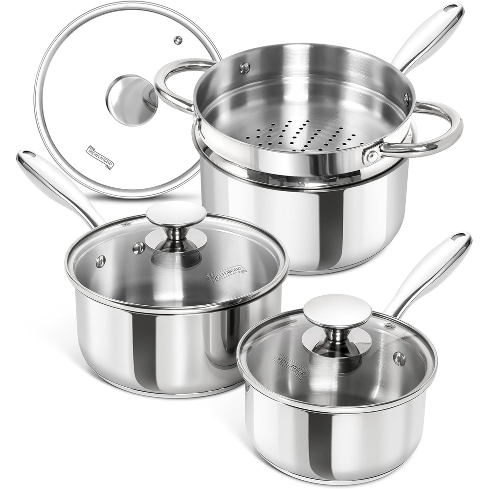 image:imageMICHELANGELO Saucepans with Lids amp Steamer 7Pcs Stainless Steel Pot Set with Triply Bottom 3 Quart Saucepan with Steamer 1810 Saucepan Set Induction Compatible 1QT amp 2QT amp 3QT1QT2QT3QT