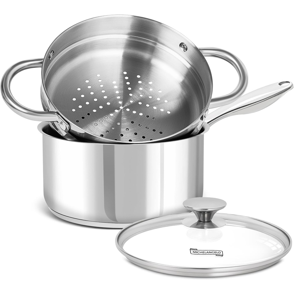 image:imageMICHELANGELO Saucepans with Lids amp Steamer 7Pcs Stainless Steel Pot Set with Triply Bottom 3 Quart Saucepan with Steamer 1810 Saucepan Set Induction Compatible 1QT amp 2QT amp 3QT3QT