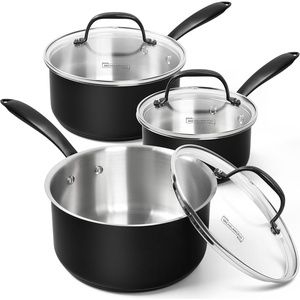 image:imageMICHELANGELO TriPly Stainless Steel Saucepan with Lid 6 Pcs Stainless Steel Sauce Pans with Cool Handle 6 Pcs Multipurpose Sauce Pots Set for Kitchen Cooking Induction Compatible 1QT amp 2QT amp3QTBlack Body