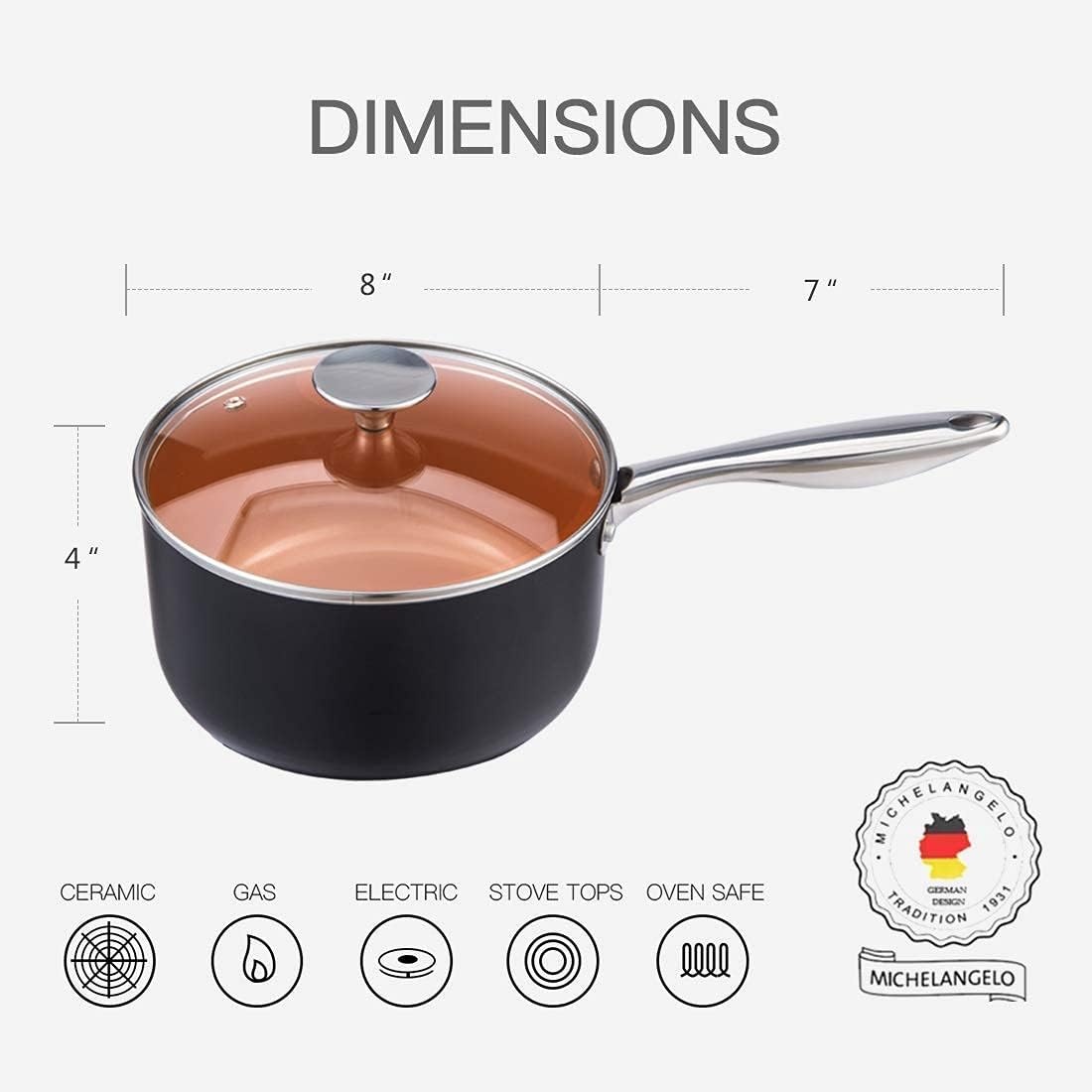 image:imageMICHELANGELO 12 Inch Frying Pan 3 Quart Saucepan with Lid Ultra Nonstick Coppper Sauce Pan with Lid Ceramic Nonstick Saucepan and Frying Pan Small Sauce Pot Copper Pot and Pan