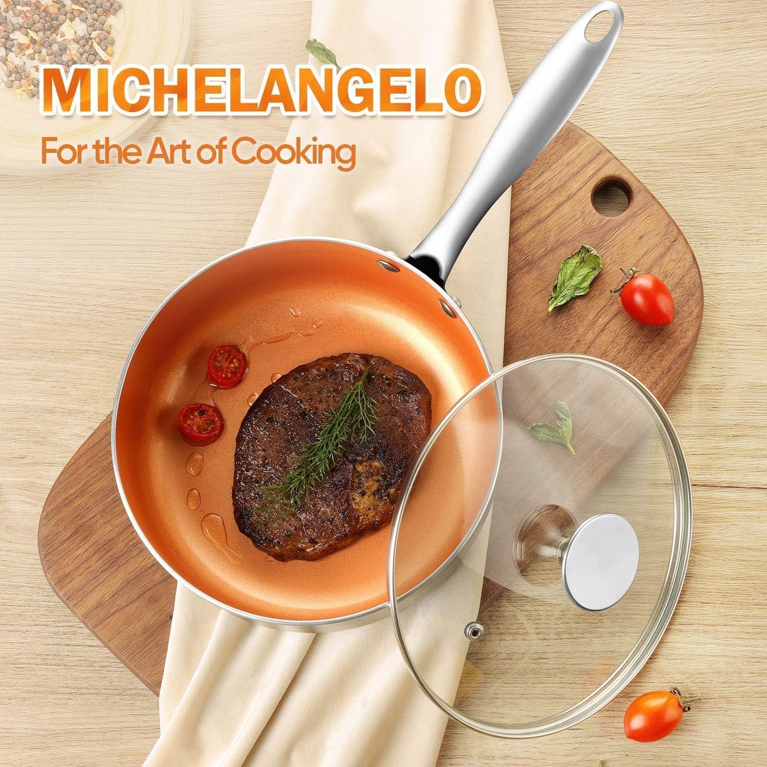 image:imageMICHELANGELO 12 Inch Frying Pan 3 Quart Saucepan with Lid Ultra Nonstick Coppper Sauce Pan with Lid Ceramic Nonstick Saucepan and Frying Pan Small Sauce Pot Copper Pot and Pan