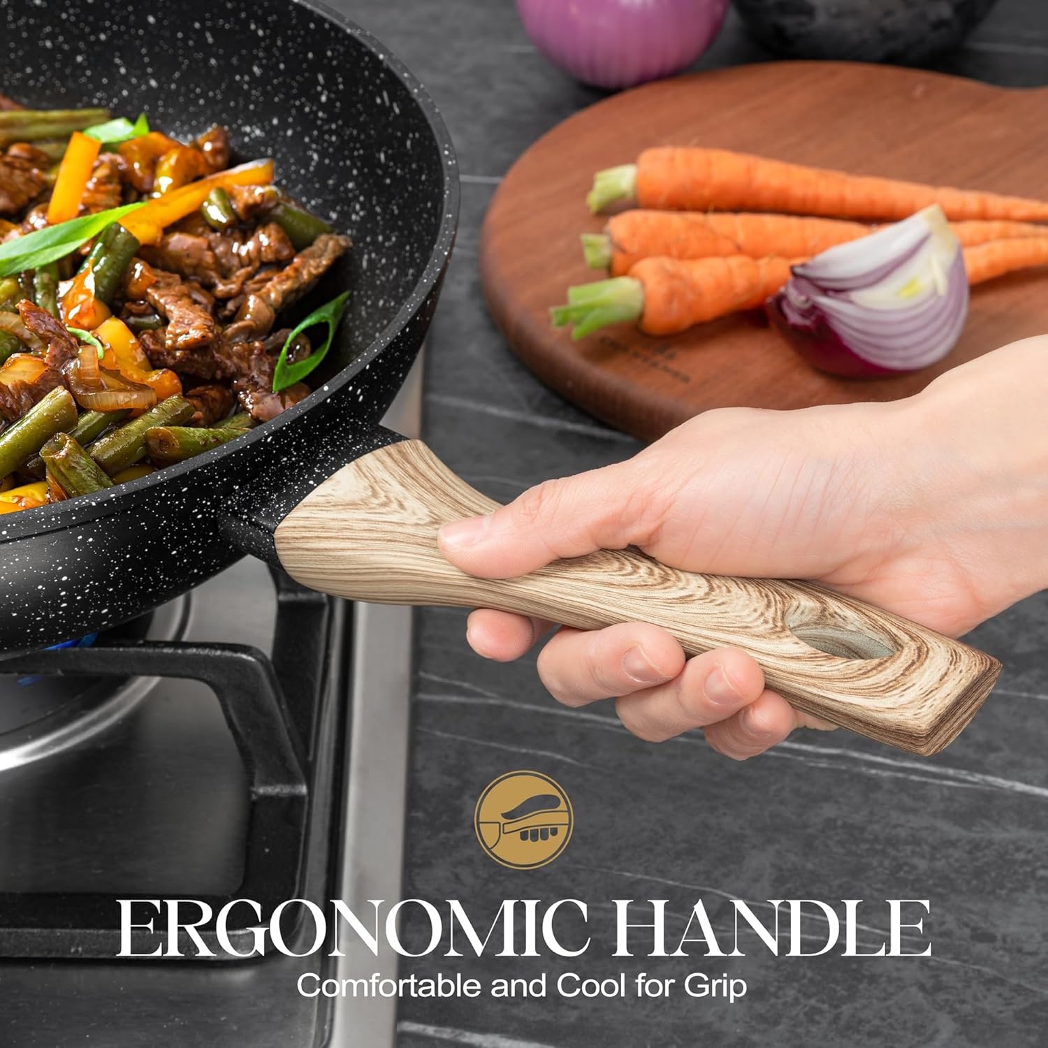image:imageMICHELANGELO 12 Inch Wok Pan with Lid Woks amp StirFry Pans Nonstick Wok with Lid Stir Fry Pan with CoolTouch Handle Induction Wok Set with Stainless Steamer amp Fryer BasketBlack
