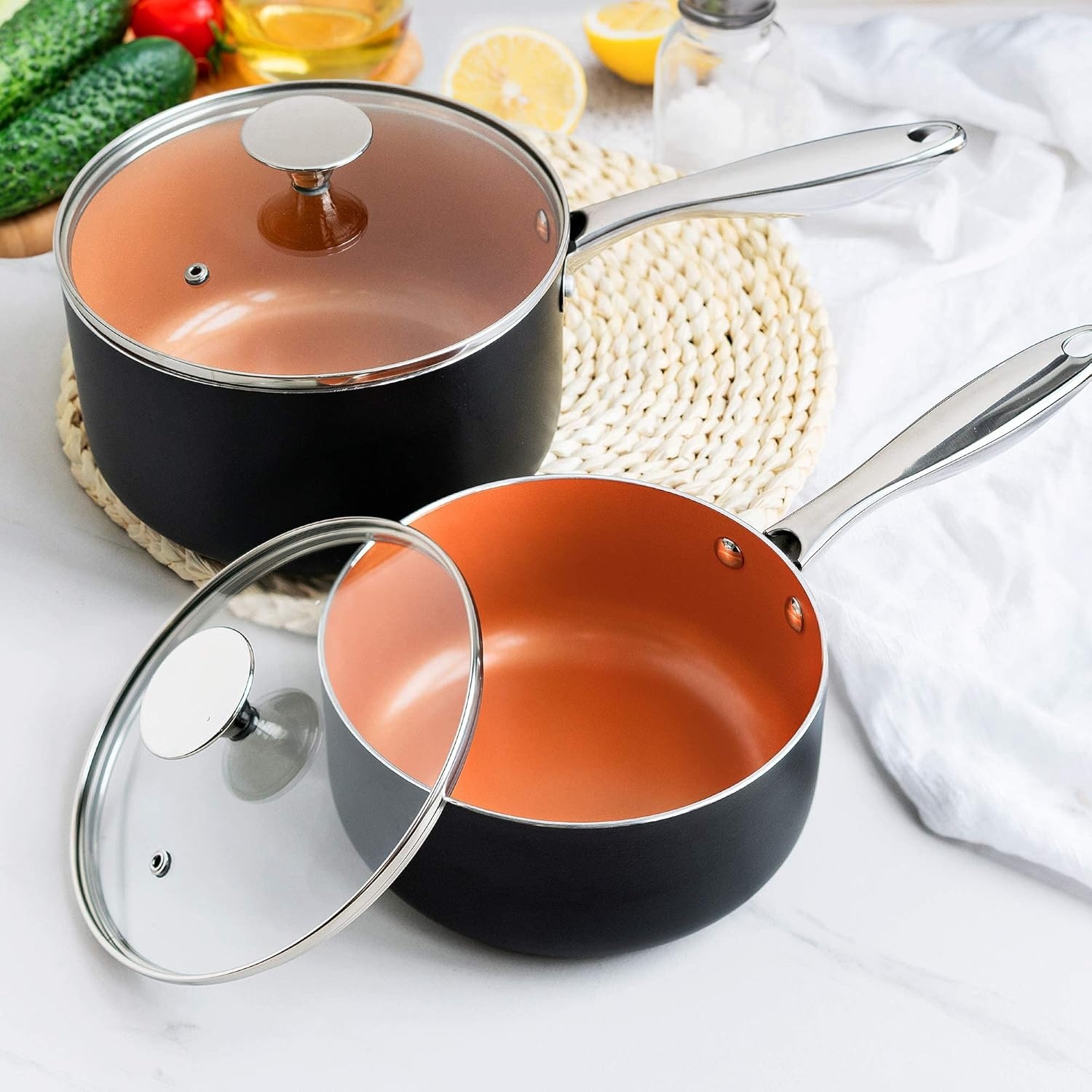 image:imageMICHELANGELO 3 Piece Orange Aluminum Cookware Set 1Qt amp 2Qt Saucepan with Lids 8 Inch Frying Pan