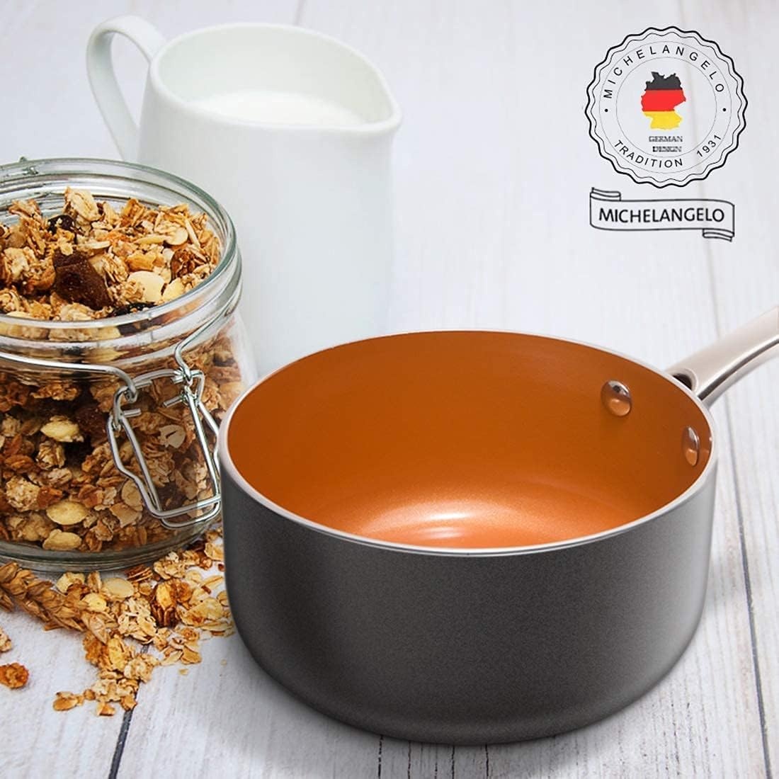 image:imageMICHELANGELO 3 Quart Saucepan 10 Inch Frying Pan with Lid Ultra Nonstick Coppper Sauce Pan with Lid Ceramic Nonstick Saucepan and Frying Pan Small Sauce Pot Copper Pot and Pan