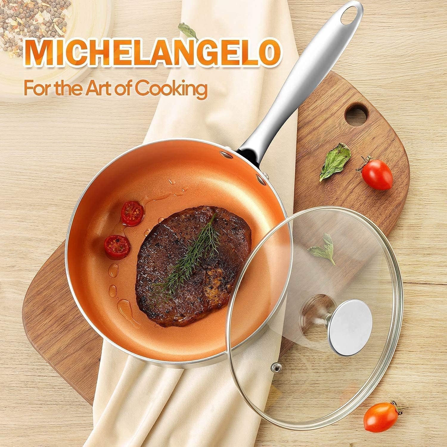 image:imageMICHELANGELO 3 Quart Saucepan 8 Inch 10 Inch Frying Pan with Lid Ultra Nonstick Coppper Pan Set with Lid Ceramic Nonstick Pan Set with Lid and Copper Pot and Pan