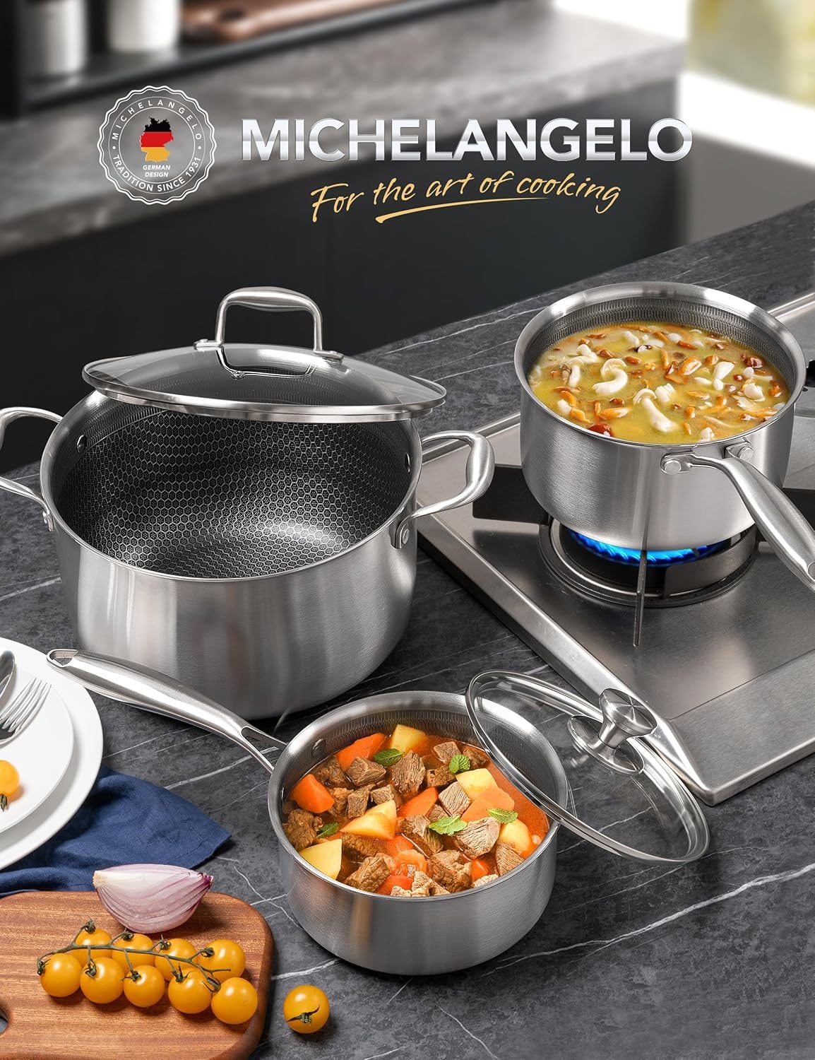 image:imageMICHELANGELO 6 Pcs Triply Stainless Steel Pot Set 2QT amp 3QT amp 8QT Pot with Lids Nonstick HoneyComb Interior Stainless Steel Frying Pan Set with Lids 95 amp 11 Inch Frying Pans