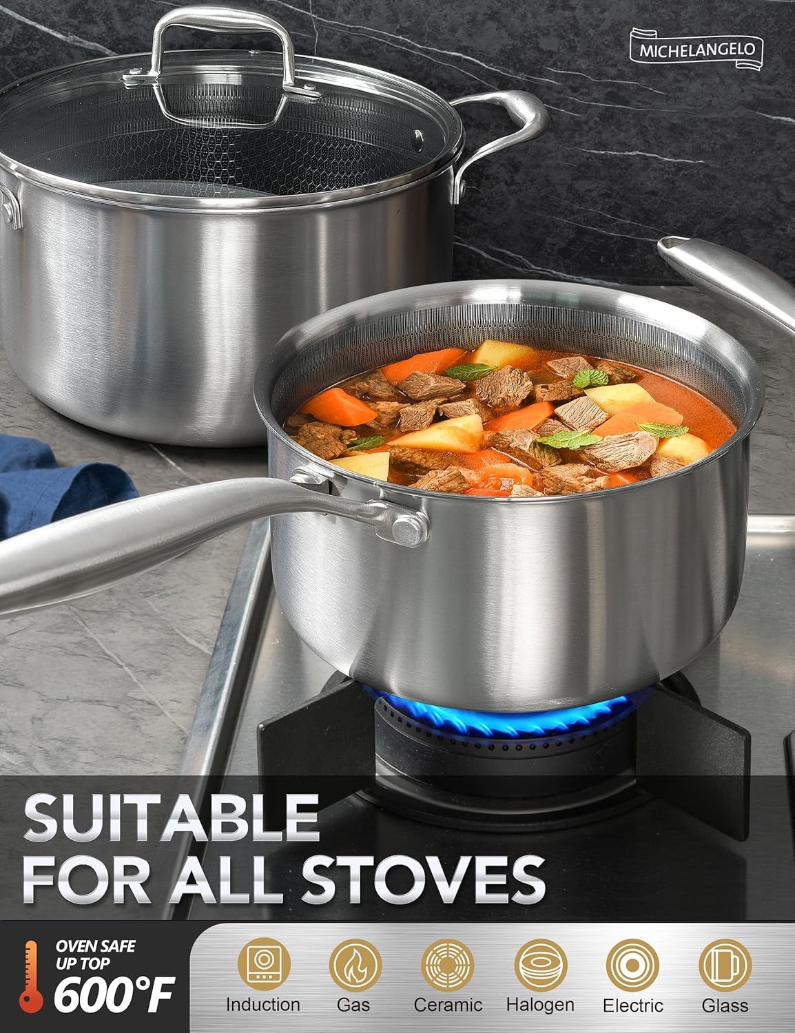 image:imageMICHELANGELO 6 Pcs Triply Stainless Steel Pot Set 2QT amp 3QT amp 8QT Pot with LidsNonstick Frying Pans Set Stainless Steel Frying Pan with Lid 10 amp 12 Inch
