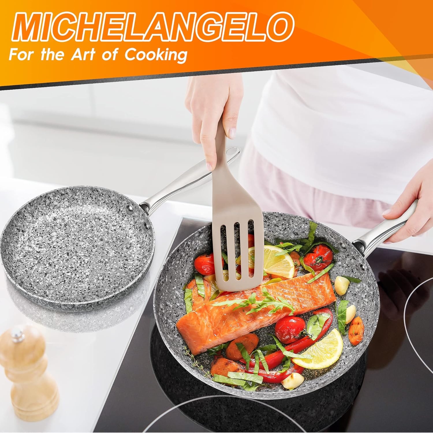 image:imageMICHELANGELO 8 Inch 10 Inch Frying Pan with Lid Nonstick Stone Frying Pan with Non toxic StoneDerived Coating Granite Frying Pan Nonstick Frying Pans with Lid Stone Skillets
