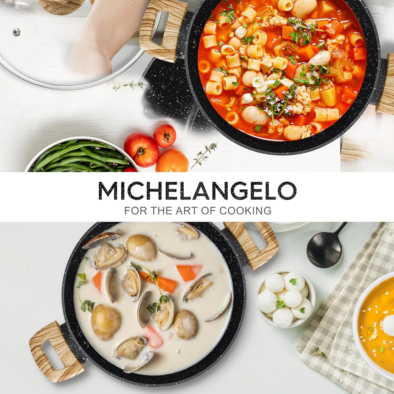 image:imageMICHELANGELO 8 Quart Stock Pot with Lid Nonstick Cooking Pots 8 Qt Soup Pot with Lid Induction Pots for Cooking Stockpot with Healthy Coating WhiteBlack
