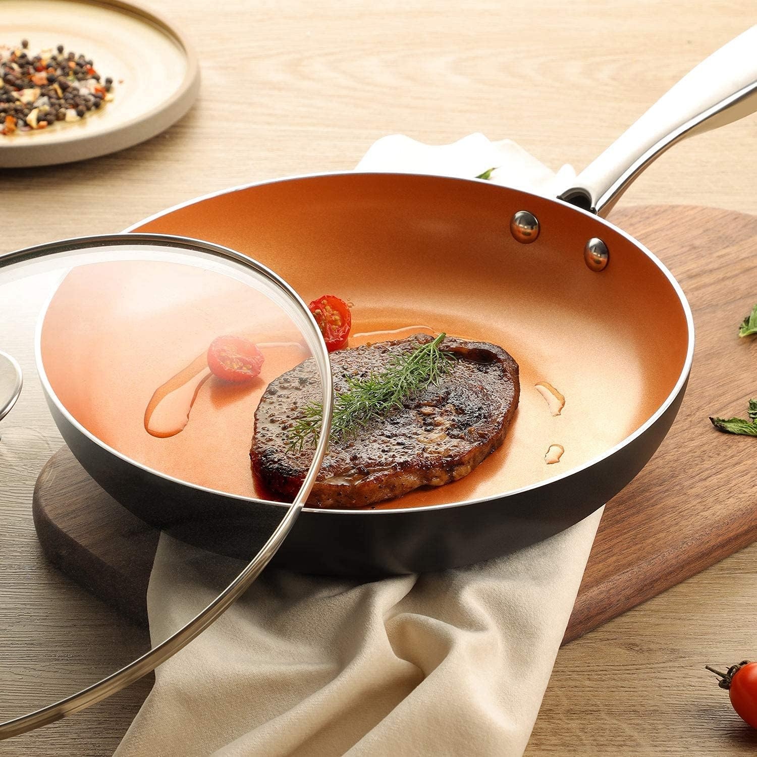 image:imageMICHELANGELO Copper Frying Pan Set with Lid 8 amp 10 12 Frying Pan Set