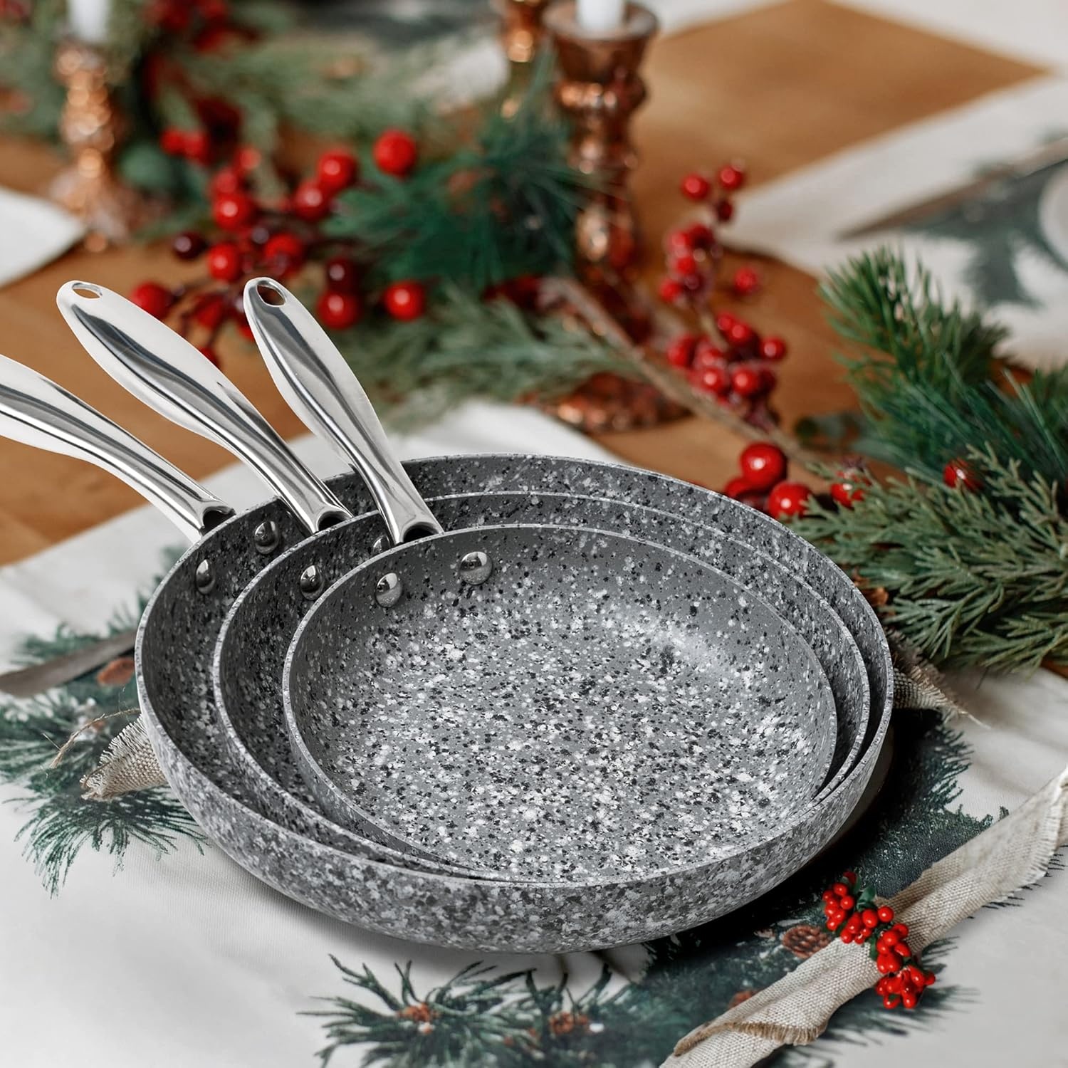 image:imageMICHELANGELO Frying Pans Set with 100 APEO amp PFOAFree Stone Non Stick Coating Granite Skillet Set Nonstick Skillets 3 Pcs89511 inch89511 inch