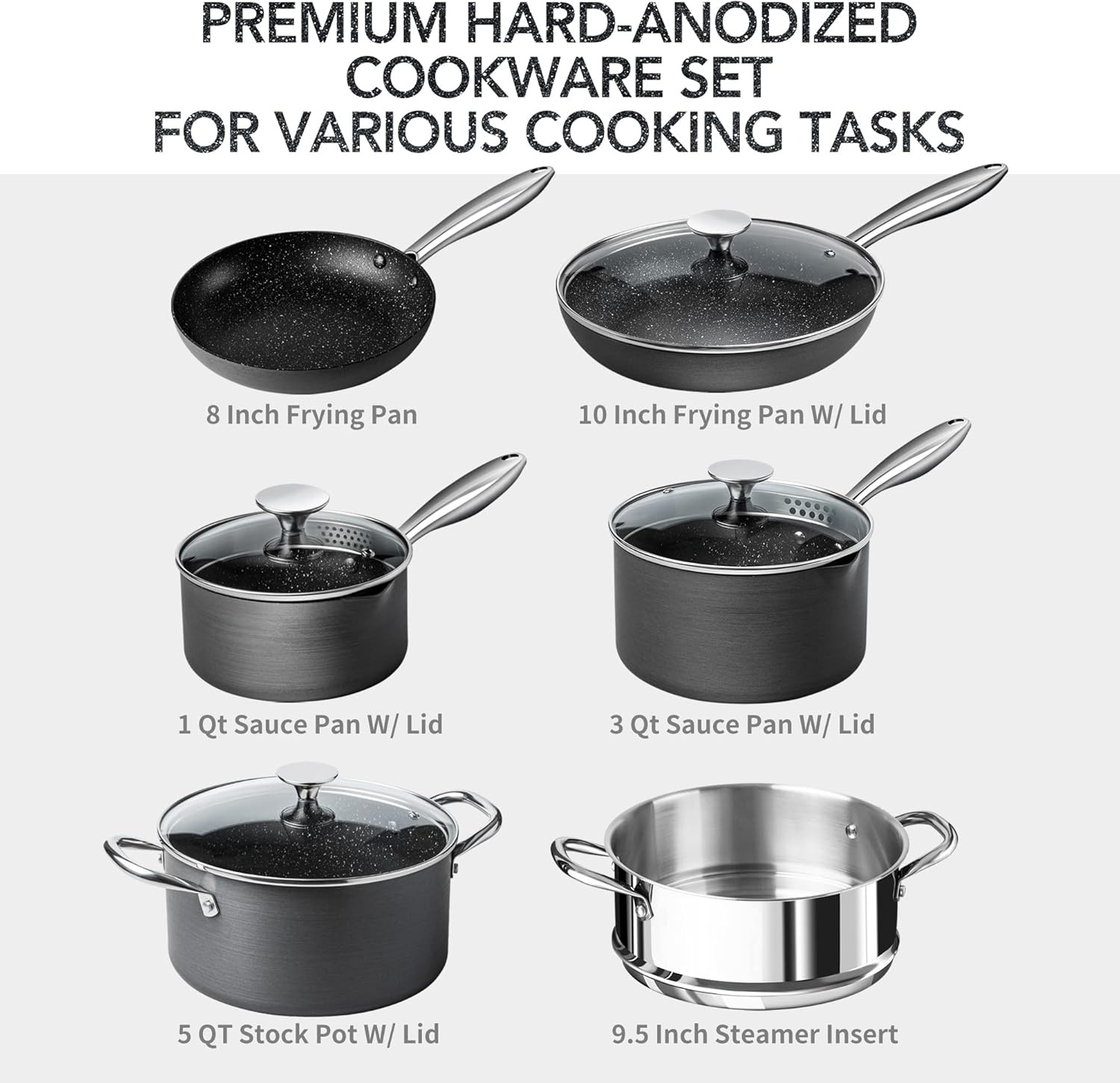 image:imageMICHELANGELO Hard Anodized Cookware Set 10 Pcs Non Stick Pots and Pans Set with Granite Interior Induction Cookware Set with Steamer InsertHard Anodized 10 pcs