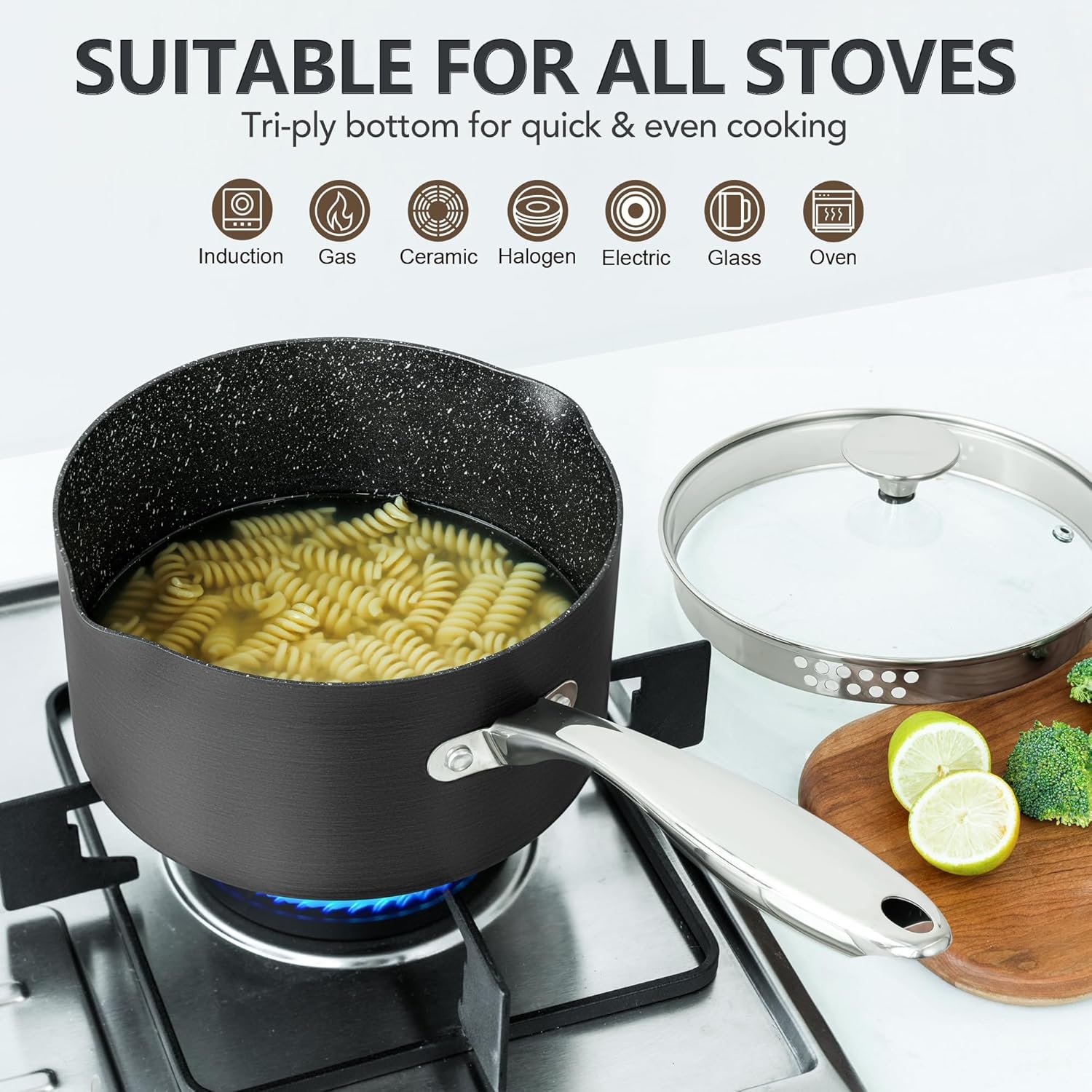 image:imageMICHELANGELO Hard Anodized Saucepan Set with Lids Nonstick Saucepan with Pour Spouts amp Strainer Lid for Easy Pour Granite Derived Coating Sauce Pot Set 15QT amp 2QT amp3QT Induction Sauce Pans153 Quarts