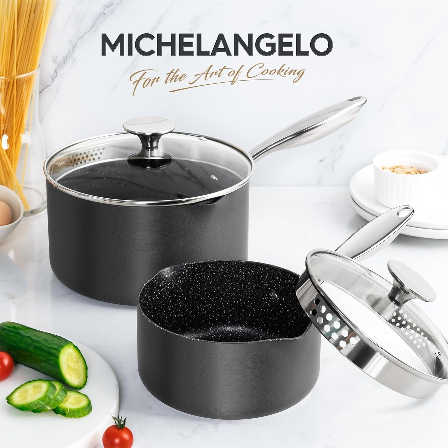 image:imageMICHELANGELO Hard Anodized Saucepan Set with Lids Nonstick Saucepan with Pour Spouts amp Strainer Lid for Easy Pour Granite Derived Coating Sauce Pot Set 15QT amp 2QT amp3QT Induction Sauce Pans153 Quarts