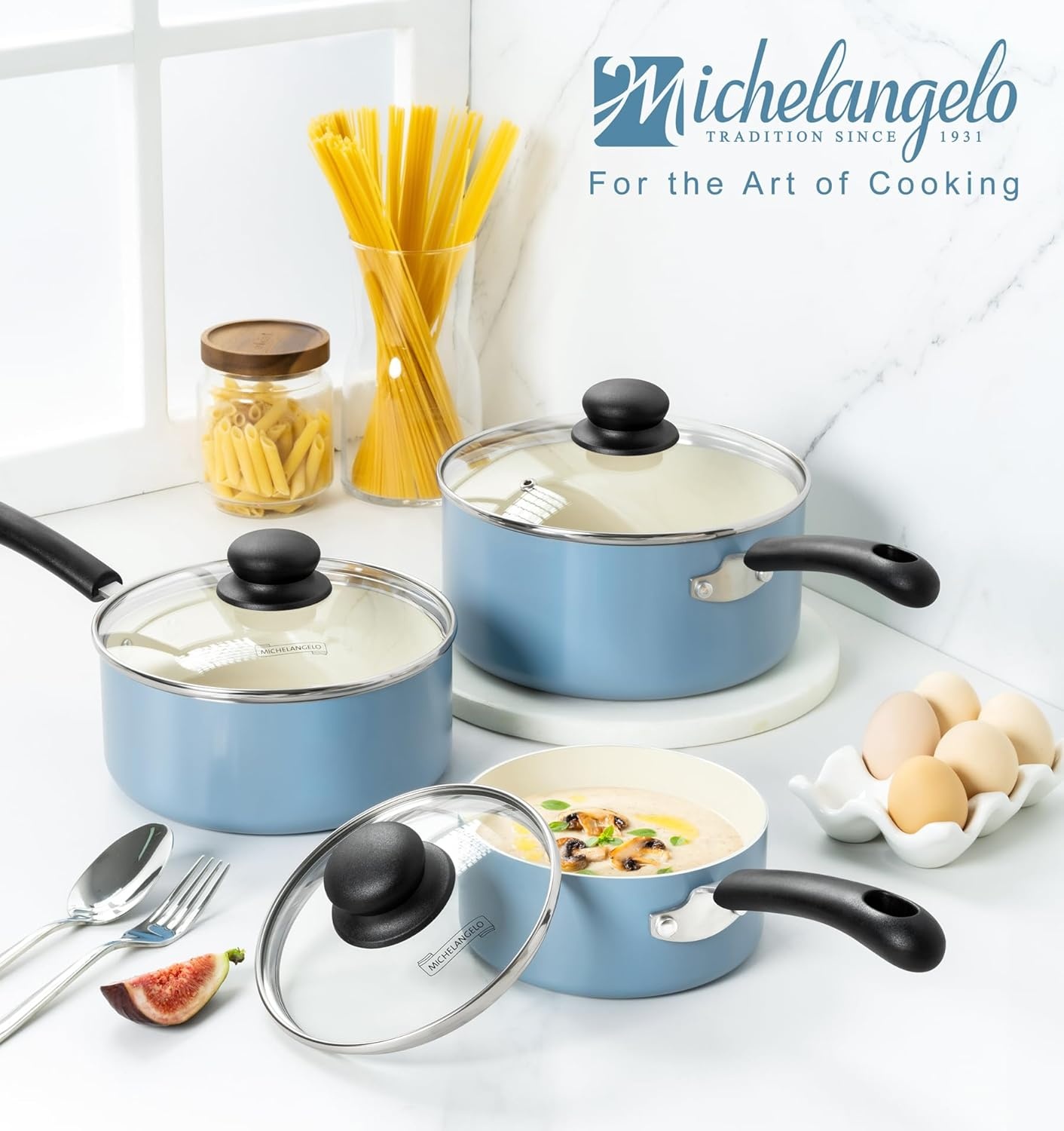 image:imageMICHELANGELO Nonstick Sauce Pan with Lid 1QT 2QT amp 3QT Ceramic Saucepan Set Copper Sauce pans NonToxic Saucepan Multipurpose Cooking Pots Set For Home Kitchen Compatible inductionBlue