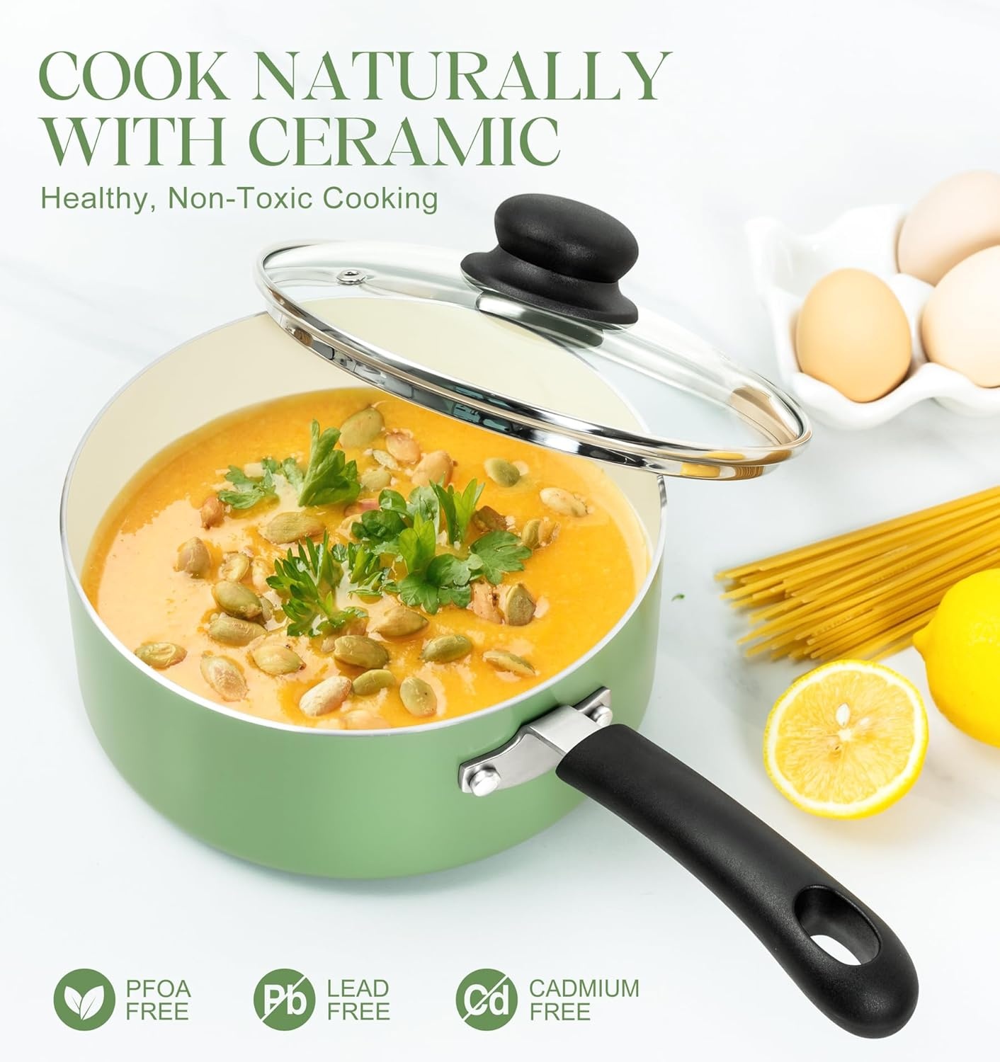 image:imageMICHELANGELO Nonstick Sauce Pan with Lid 1QT 2QT amp 3QT Ceramic Saucepan Set Copper Sauce pans NonToxic Saucepan Multipurpose Cooking Pots Set For Home Kitchen Compatible inductionGreen
