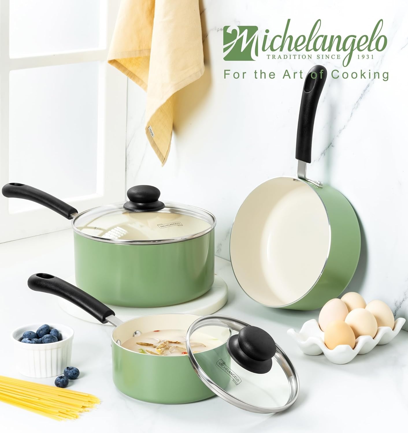 image:imageMICHELANGELO Nonstick Sauce Pan with Lid 1QT 2QT amp 3QT Ceramic Saucepan Set Copper Sauce pans NonToxic Saucepan Multipurpose Cooking Pots Set For Home Kitchen Compatible inductionGreen