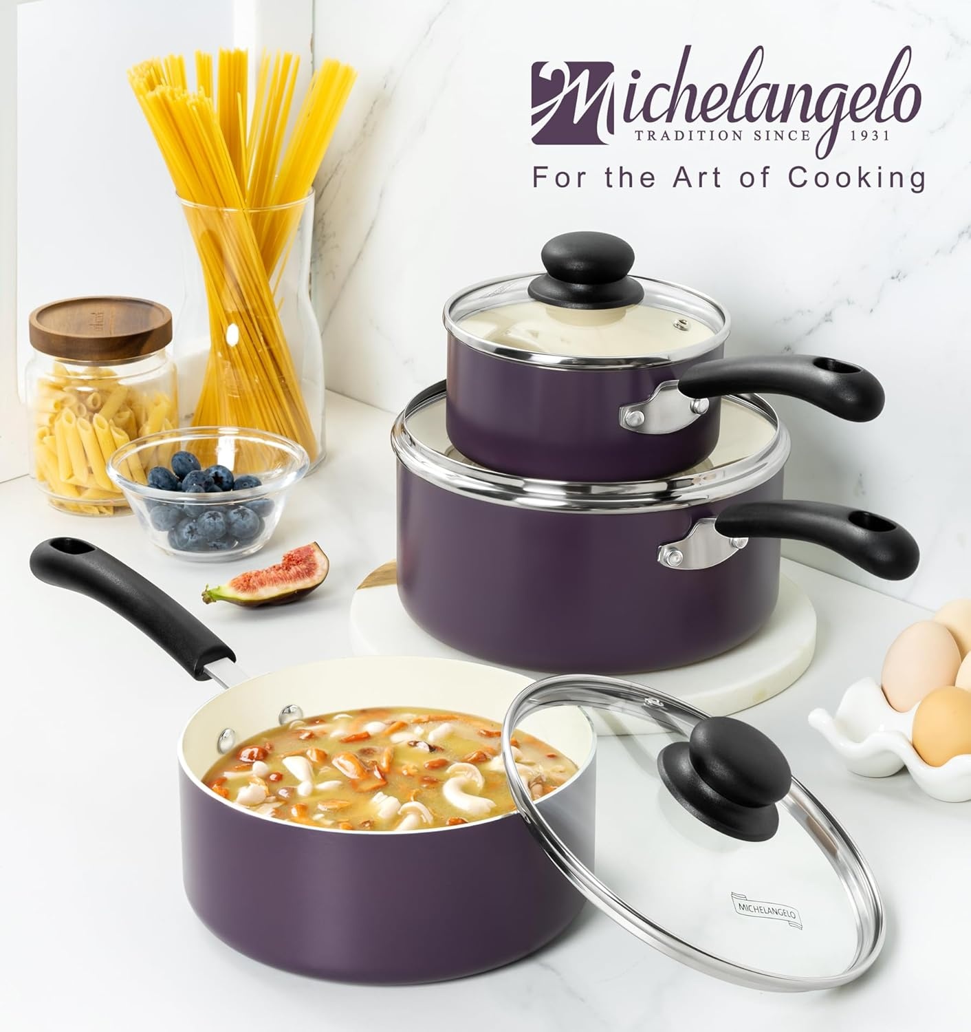 image:imageMICHELANGELO Nonstick Sauce Pan with Lid 1QT 2QT amp 3QT Ceramic Saucepan Set Copper Sauce pans NonToxic Saucepan Multipurpose Cooking Pots Set For Home Kitchen Compatible inductionPurple