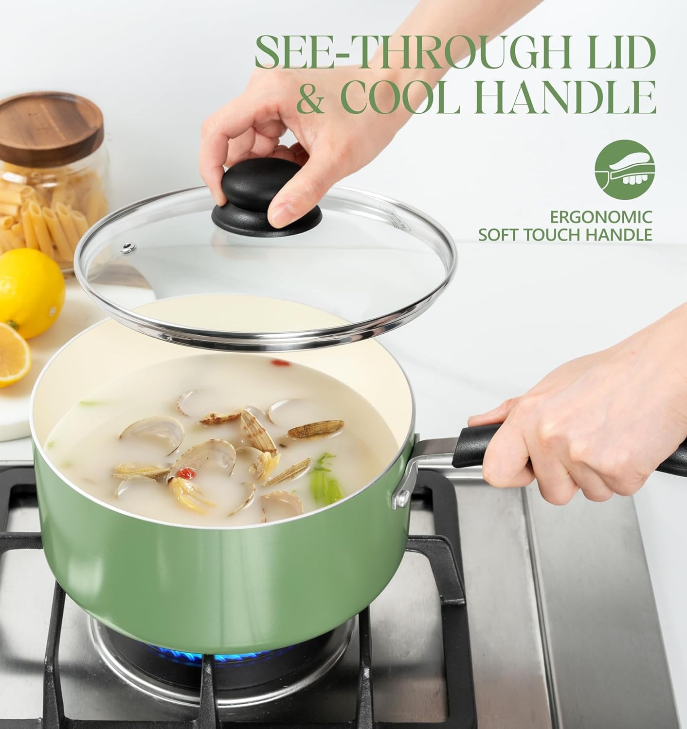 image:imageMICHELANGELO Nonstick Sauce Pan with Lid 1QT 2QT amp 3QT Ceramic Saucepan Set Copper Sauce pans NonToxic Saucepan Multipurpose Cooking Pots Set For Home Kitchen Compatible inductionGreen