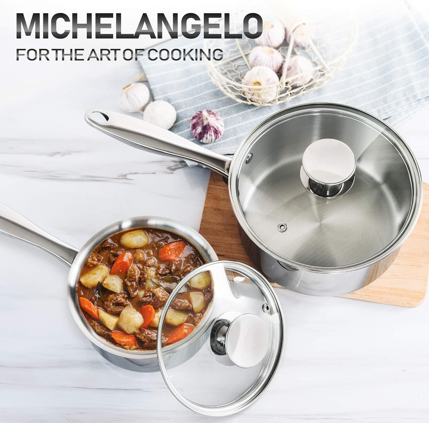 image:imageMICHELANGELO Premium Stainless Steel Saucepan Set 1Qt amp 2Qt 12 Inch Stainless Steel Frying Pan with Lid