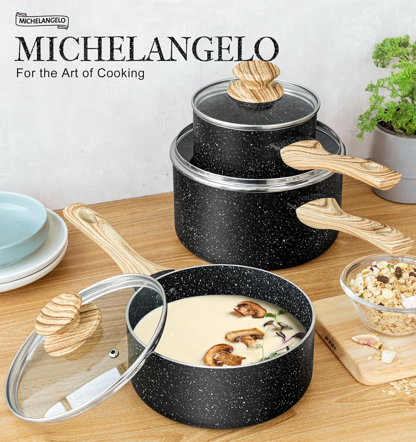 image:imageMICHELANGELO Sauce Pan with Lid 1QT2QT3QT 10 Inch Frying Pan with Nonstick Granite Coatings