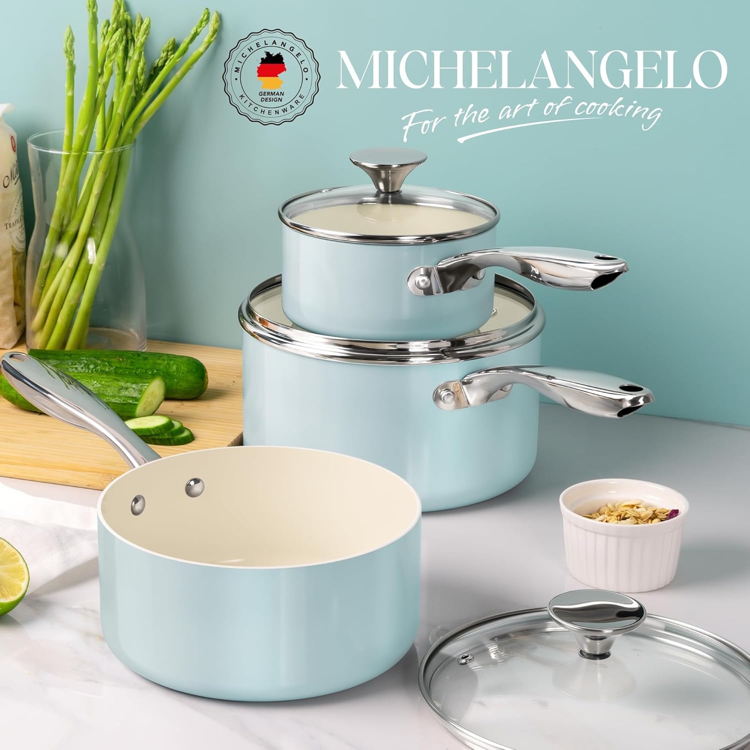 image:imageMICHELANGELO Sauce Pan with Lid Non Stick Saucepan Set of 31Qt amp 2Qt amp 3Qt Small Pots for Cooking Ceramic Saucepan NonToxic ScratchResistant Oven Safe Natural GreenLight Blue
