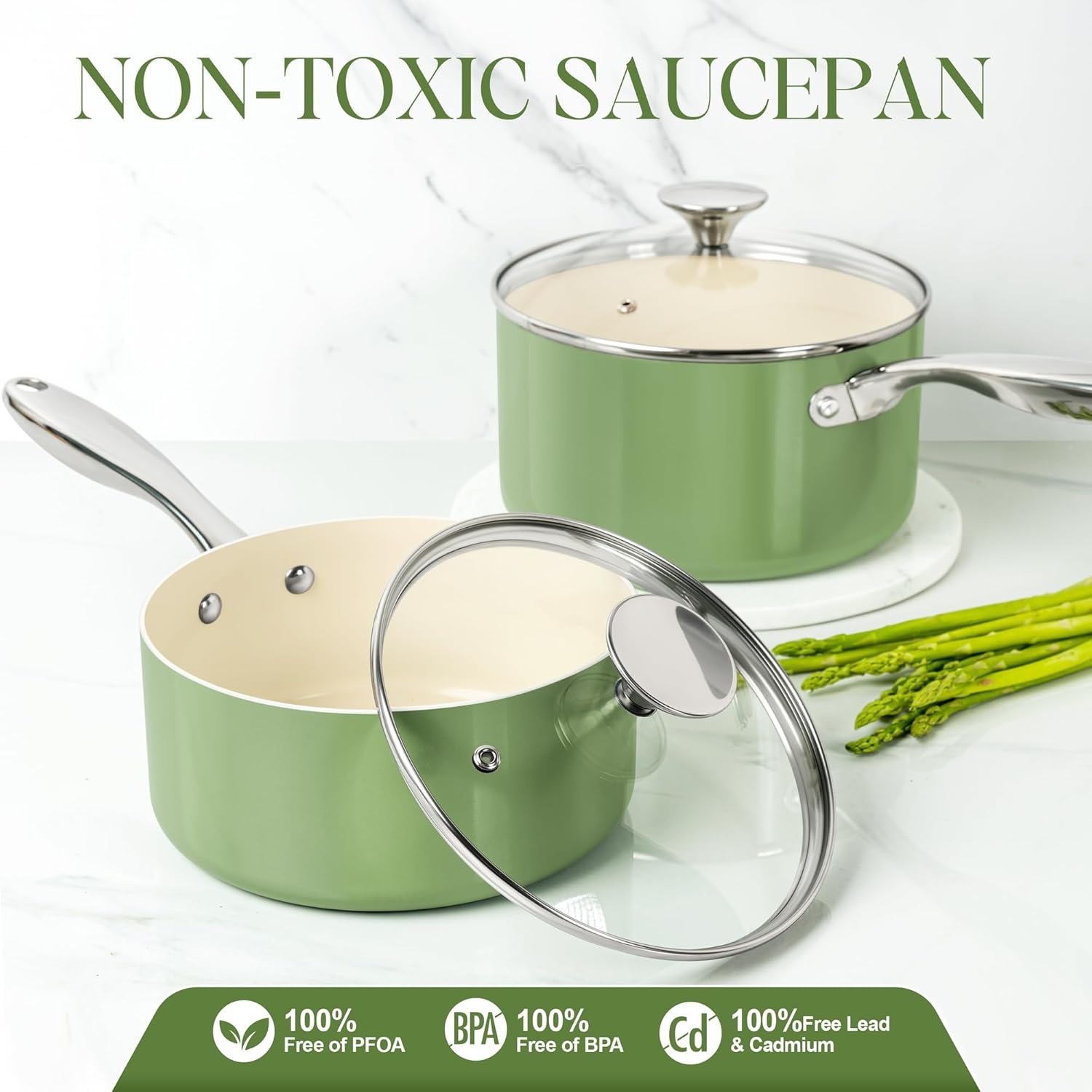 image:imageMICHELANGELO Sauce Pan with Lid Non Stick Saucepan Set of 31Qt amp 2Qt amp 3Qt Small Pots for Cooking Ceramic Saucepan NonToxic ScratchResistant Oven Safe Natural GreenNatural Green