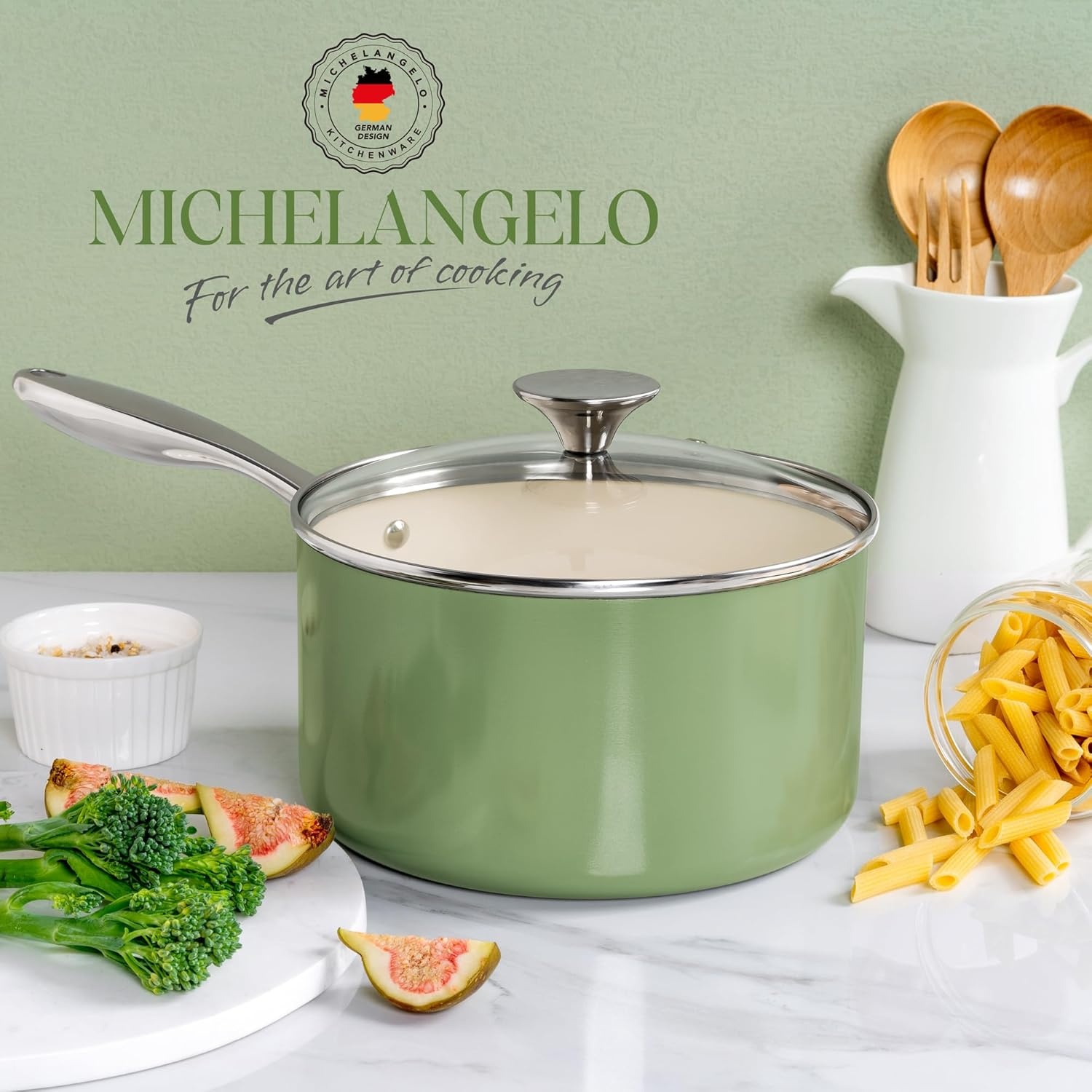 image:imageMICHELANGELO Sauce Pan with Lid Non Stick Saucepan Set of 31Qt amp 2Qt amp 3Qt Small Pots for Cooking Ceramic Saucepan NonToxic ScratchResistant Oven Safe Natural GreenNatural Green