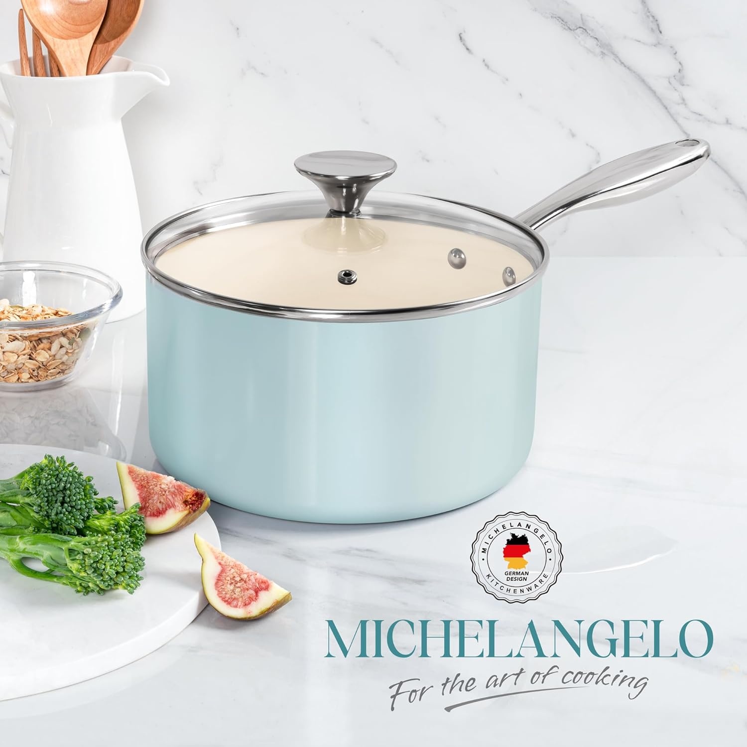 image:imageMICHELANGELO Sauce Pan with Lid Non Stick Saucepan Set of 31Qt amp 2Qt amp 3Qt Small Pots for Cooking Ceramic Saucepan NonToxic ScratchResistant Oven Safe Natural GreenLight Blue